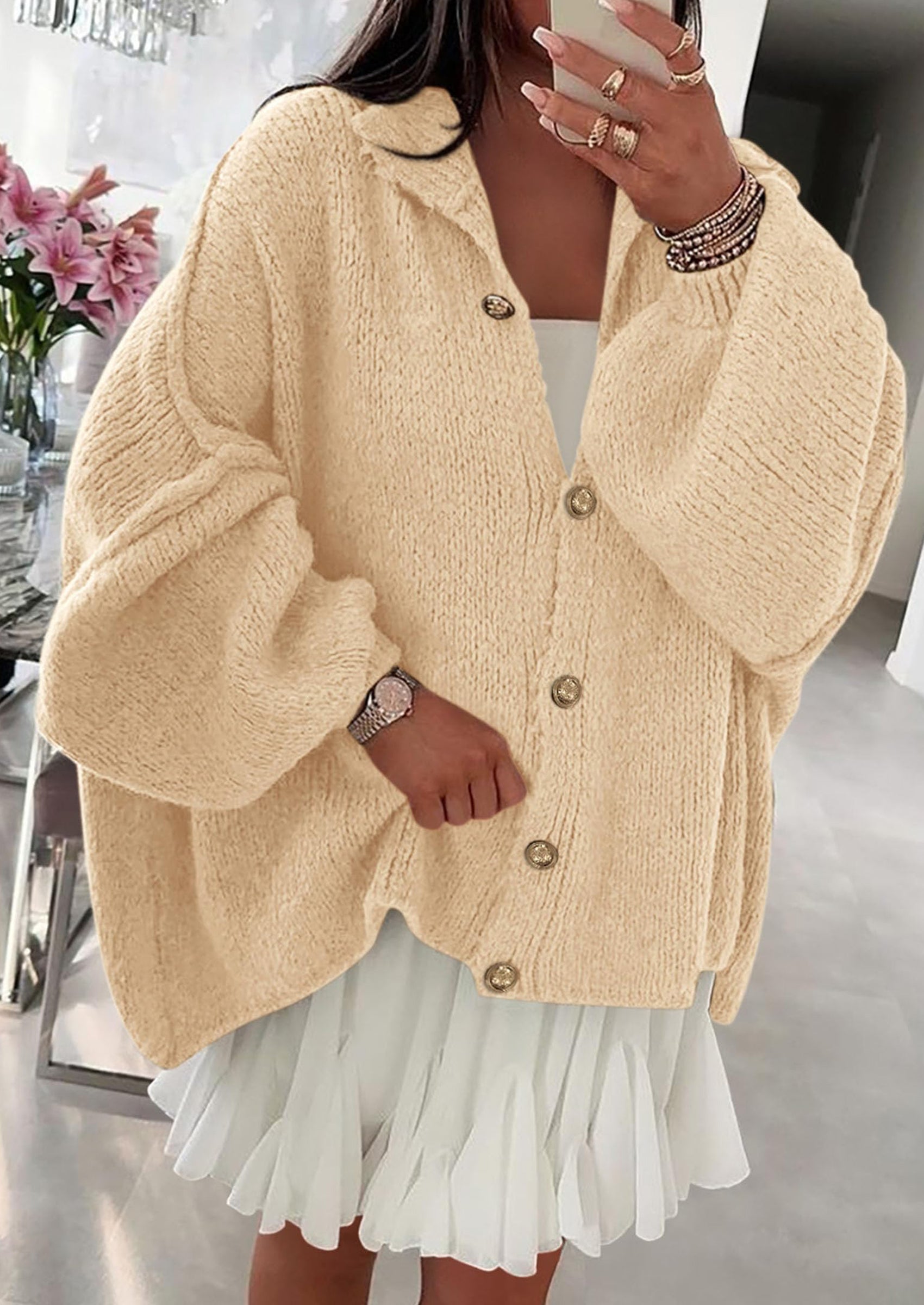 Women's Winter Button Down Cardigan Sweaters Mock Neck Lantern Long Sleeve Chunky Knit Jacket Trendy Outerwear