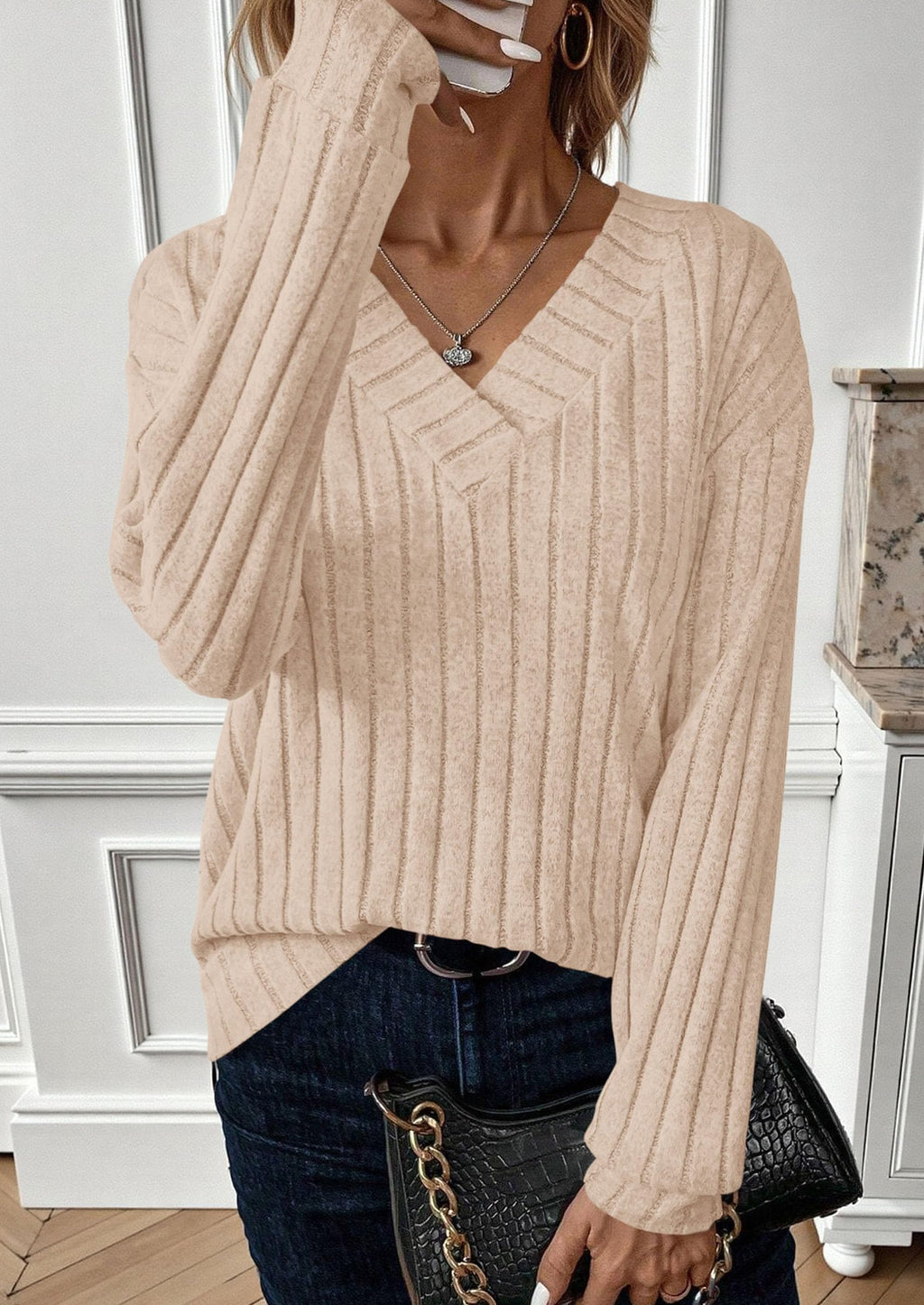 Fall Fashion Long Sleeve Shirts for Women Ribbed Knit V Neck Dressy Casual Lightweight Sweaters Tunic Tops