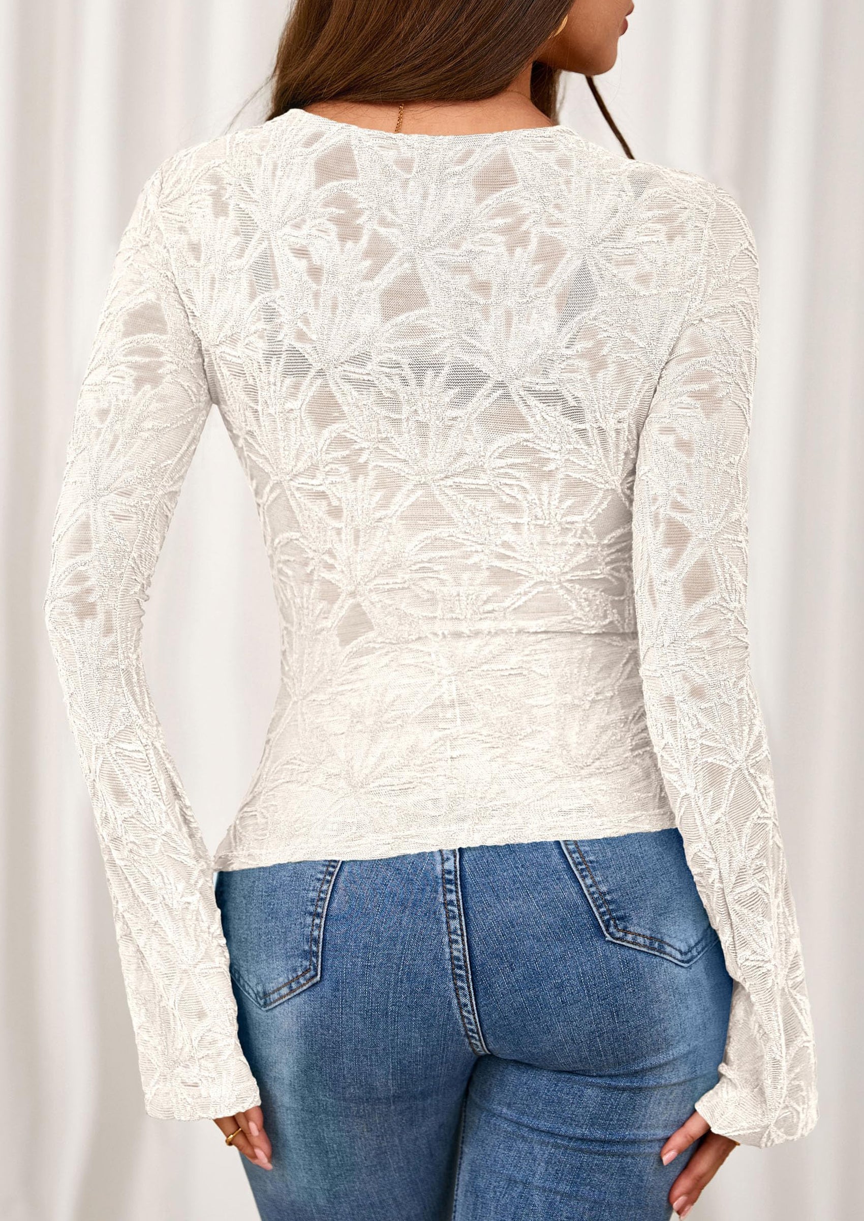 Womens Lace Long Bell Sleeve Tops Fall Sexy See Through Sheer Floral Blouse Shirt Fitted Going Out Outfits