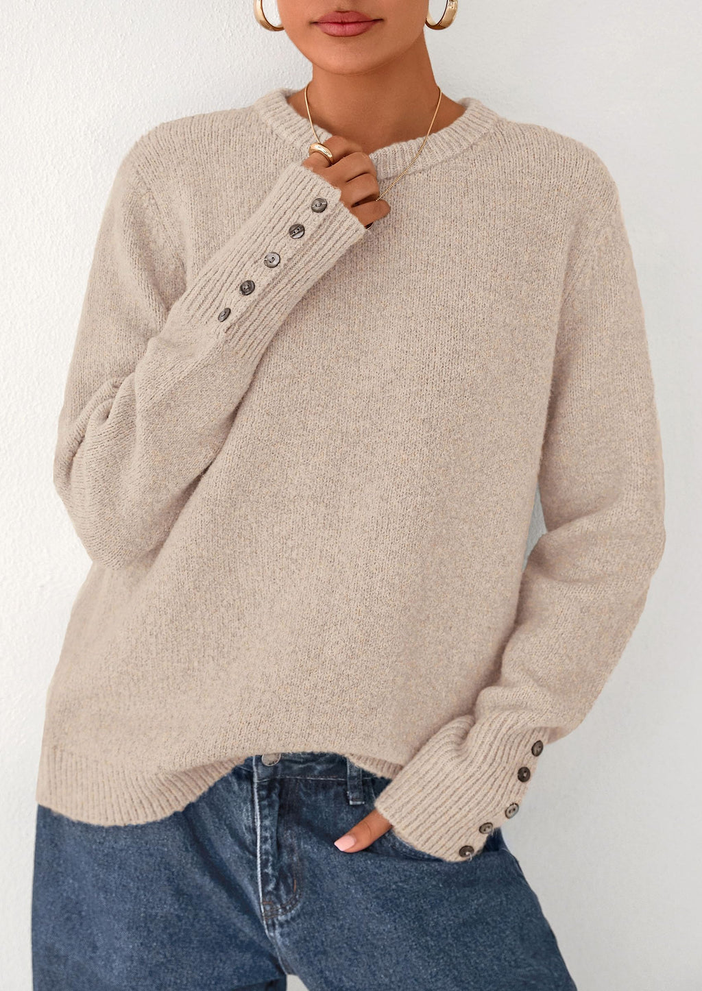 Womens Sweaters Fall Fashion Casual Crewneck Pullover Button Long Sleeve Cute Knit Tops Winter Clothes