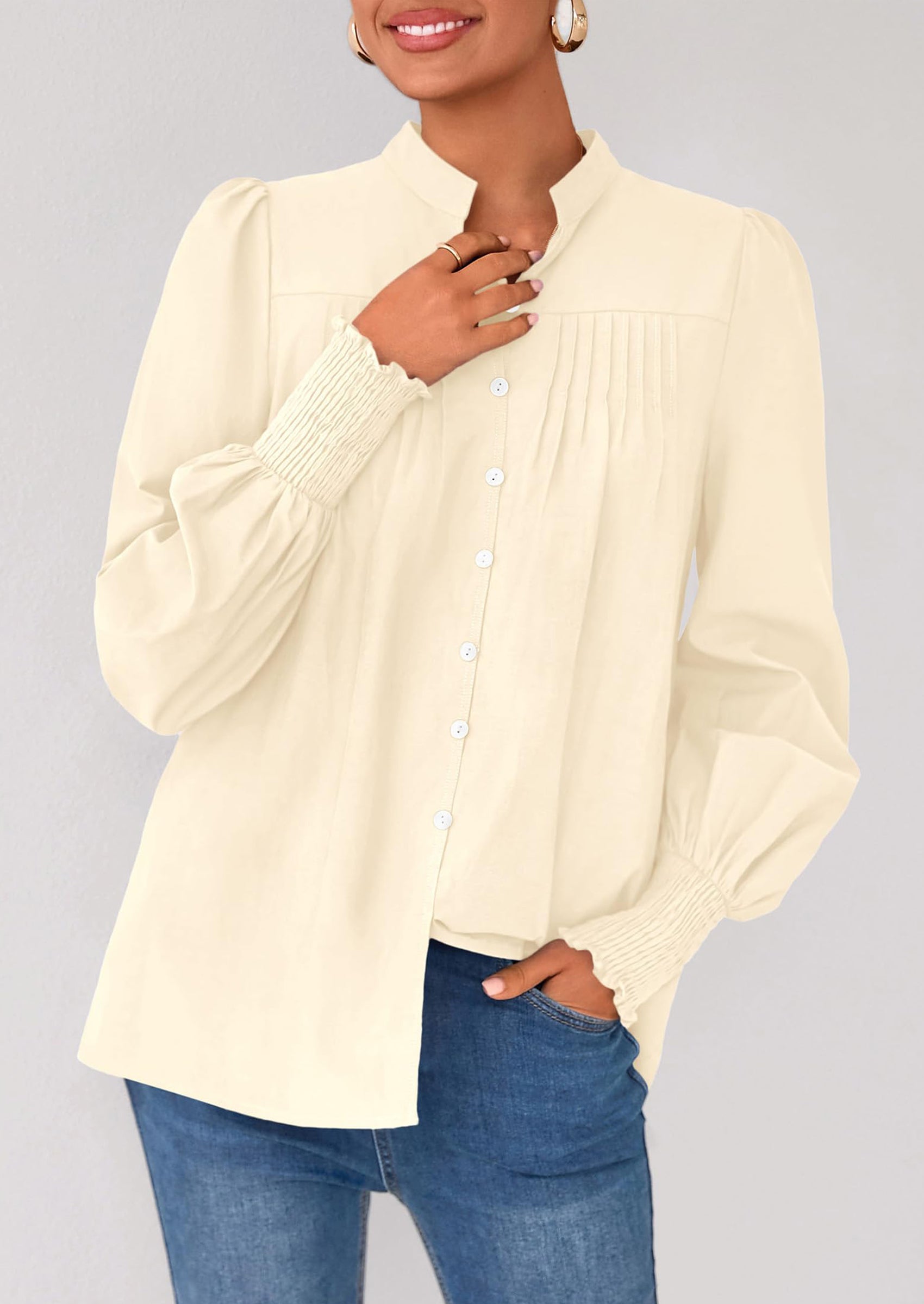 Womens Fall Lantern Long Sleeve Shirts Trendy Button V Neck Pleated Henley Tops Loose Work Blouses