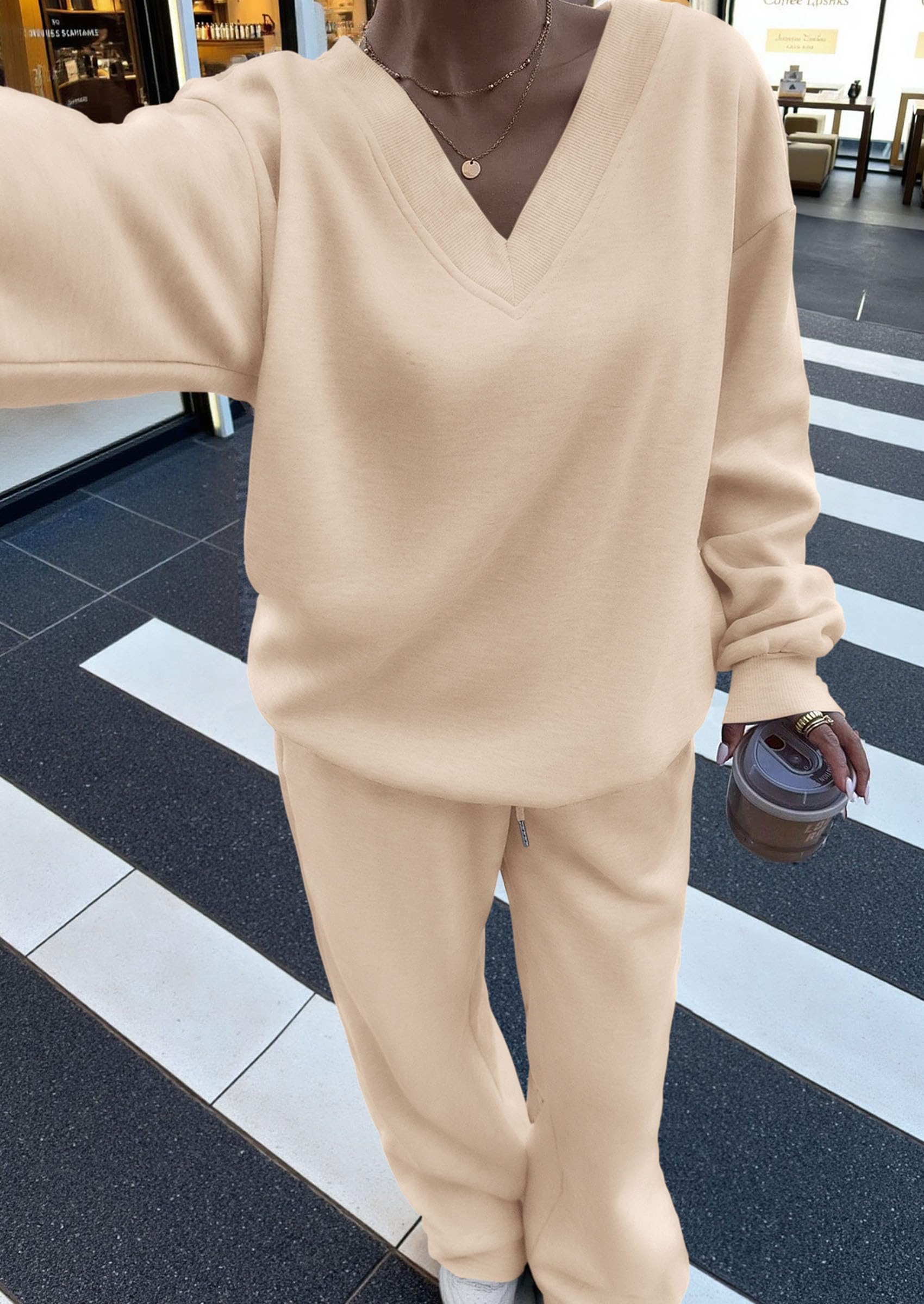 Casual Winter Two Piece Sets for Women V Neck Sweatshirt Loose Wide Leg Pants Tracksuit Knit Fall Outfits