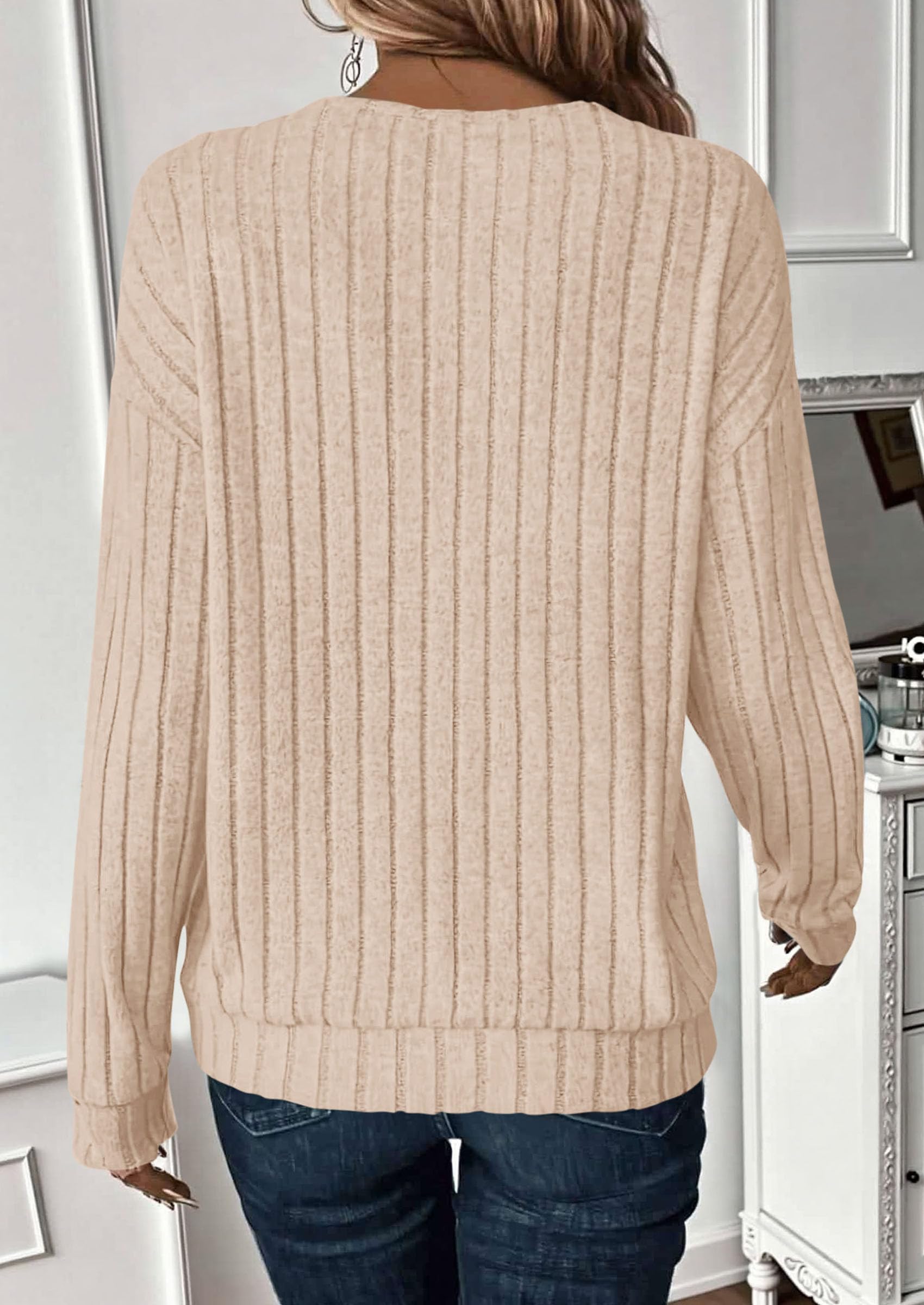 Fall Fashion Long Sleeve Shirts for Women Ribbed Knit V Neck Dressy Casual Lightweight Sweaters Tunic Tops