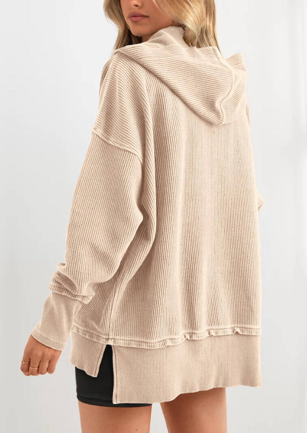 Womens Fashion Oversized Long Sleeve Hoodie Button Down V Neck Sweatshirt Side Slit Casual Pullover Tops