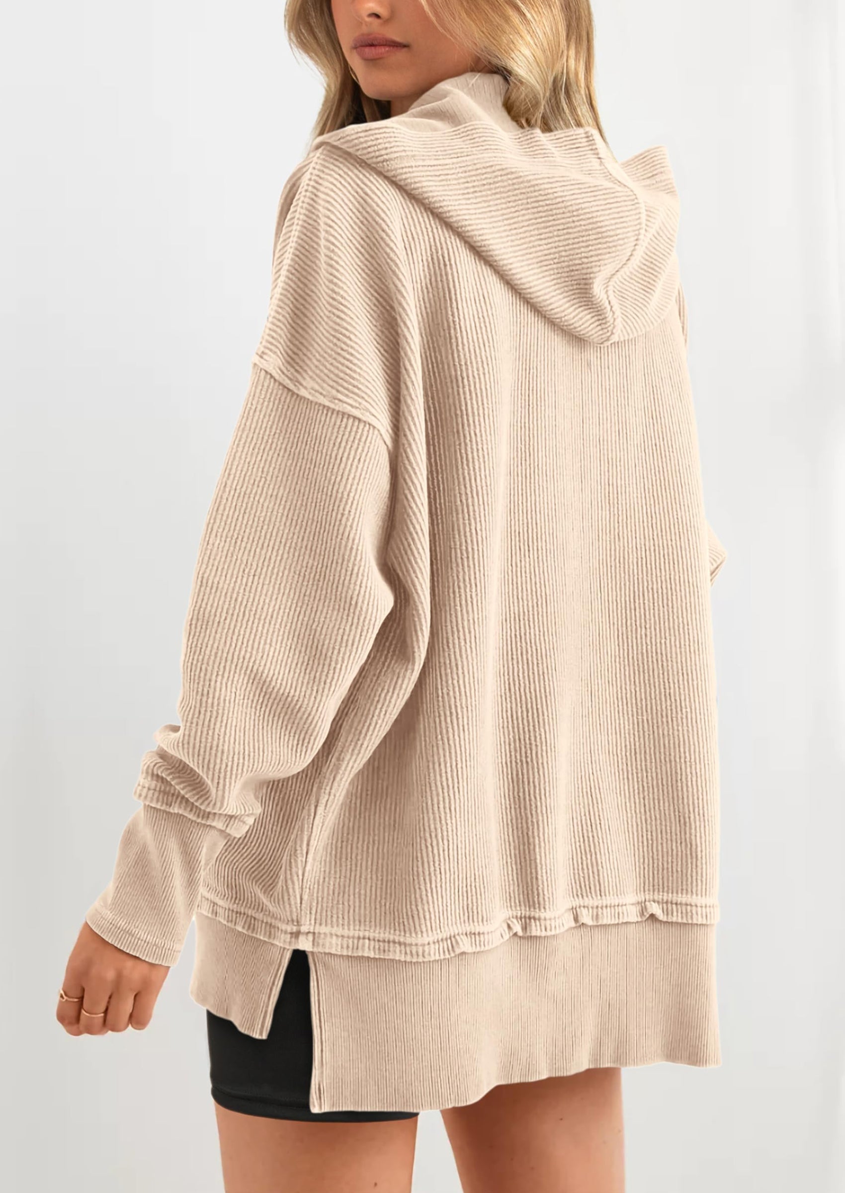 Womens Fashion Oversized Long Sleeve Hoodie Button Down V Neck Sweatshirt Side Slit Casual Pullover Tops