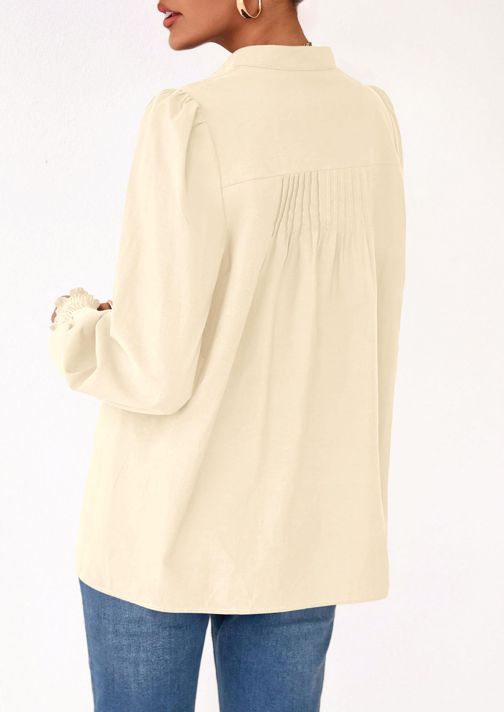 Womens Fall Lantern Long Sleeve Shirts Trendy Button V Neck Pleated Henley Tops Loose Work Blouses