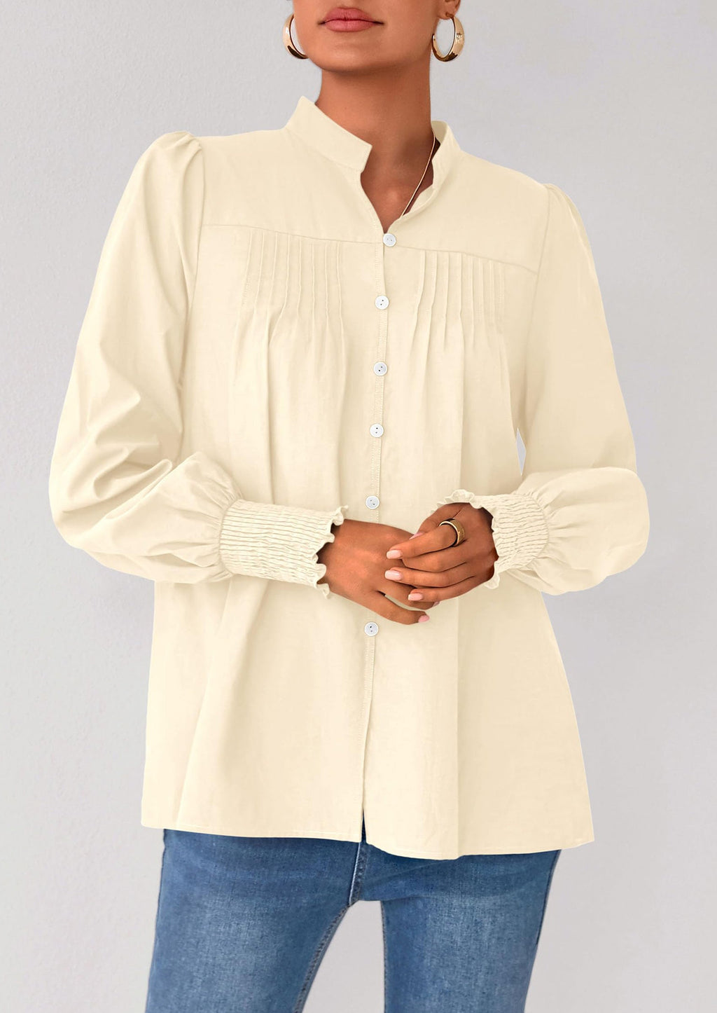 Womens Fall Lantern Long Sleeve Shirts Trendy Button V Neck Pleated Henley Tops Loose Work Blouses