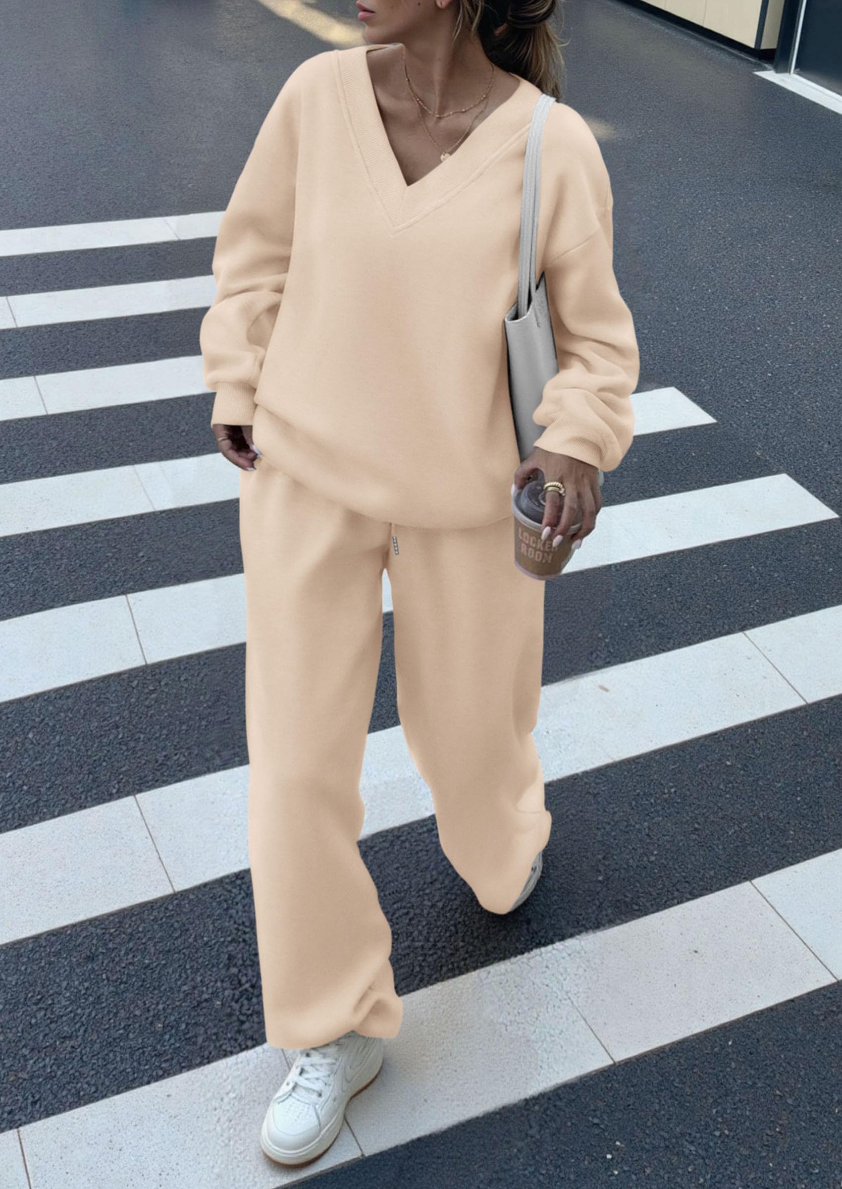 Casual Winter Two Piece Sets for Women V Neck Sweatshirt Loose Wide Leg Pants Tracksuit Knit Fall Outfits