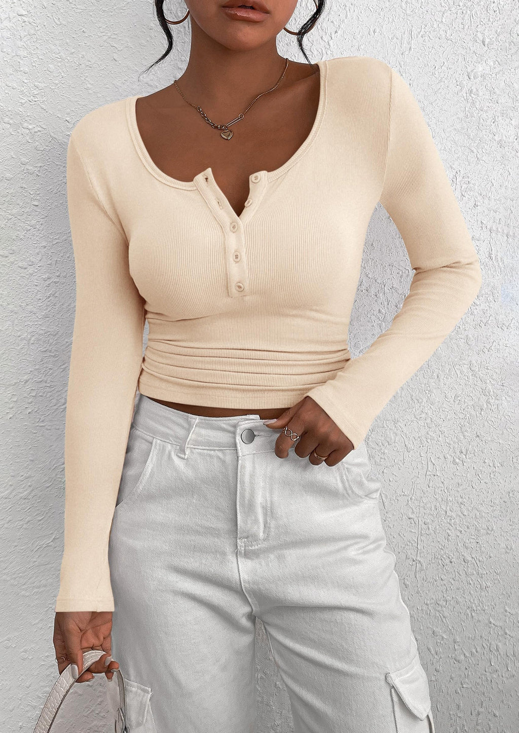 Women's Spring Fall Long Sleeve Henley T Shirts Button Ribbed Knit Slim Fit Casual Basic Tops Blouse