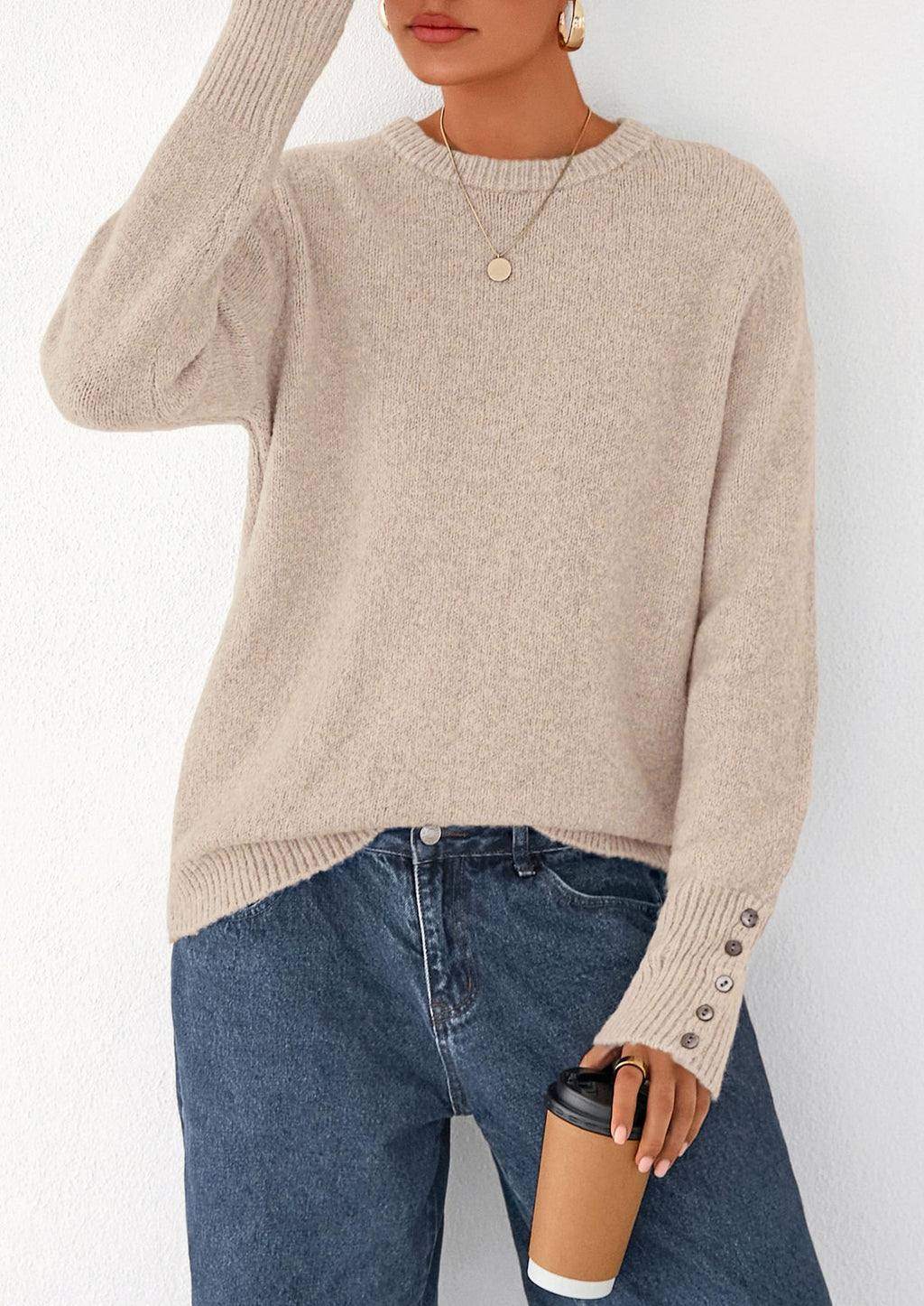 Womens Sweaters Fall Fashion Casual Crewneck Pullover Button Long Sleeve Cute Knit Tops Winter Clothes