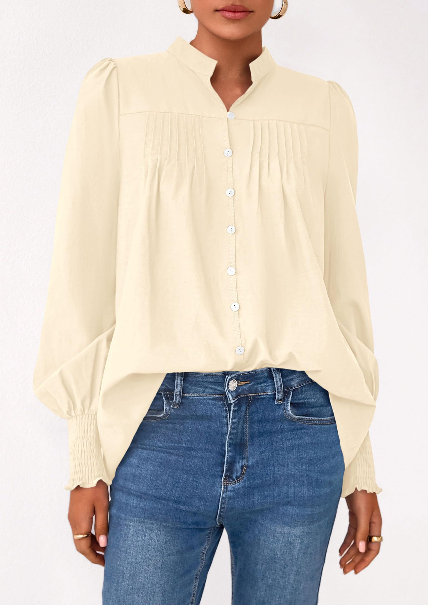 Womens Fall Lantern Long Sleeve Shirts Trendy Button V Neck Pleated Henley Tops Loose Work Blouses