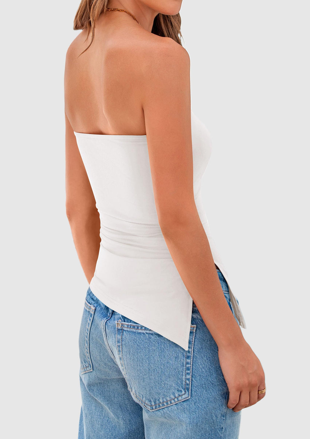 Womens Summer Tube Tops Trendy Strapless Ruched Going Out Tops Outfits Asymmetrical Bandeau Shirts