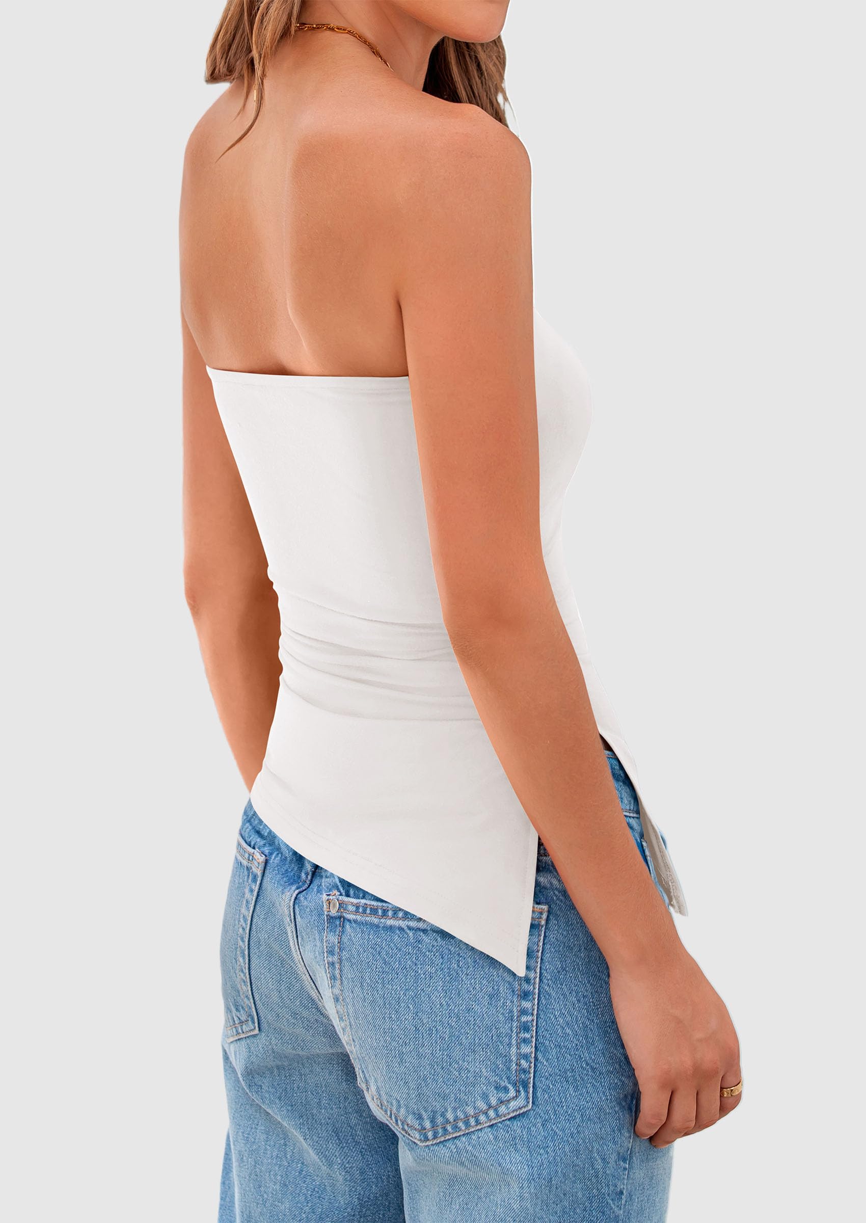 Womens Summer Tube Tops Trendy Strapless Ruched Going Out Tops Outfits Asymmetrical Bandeau Shirts