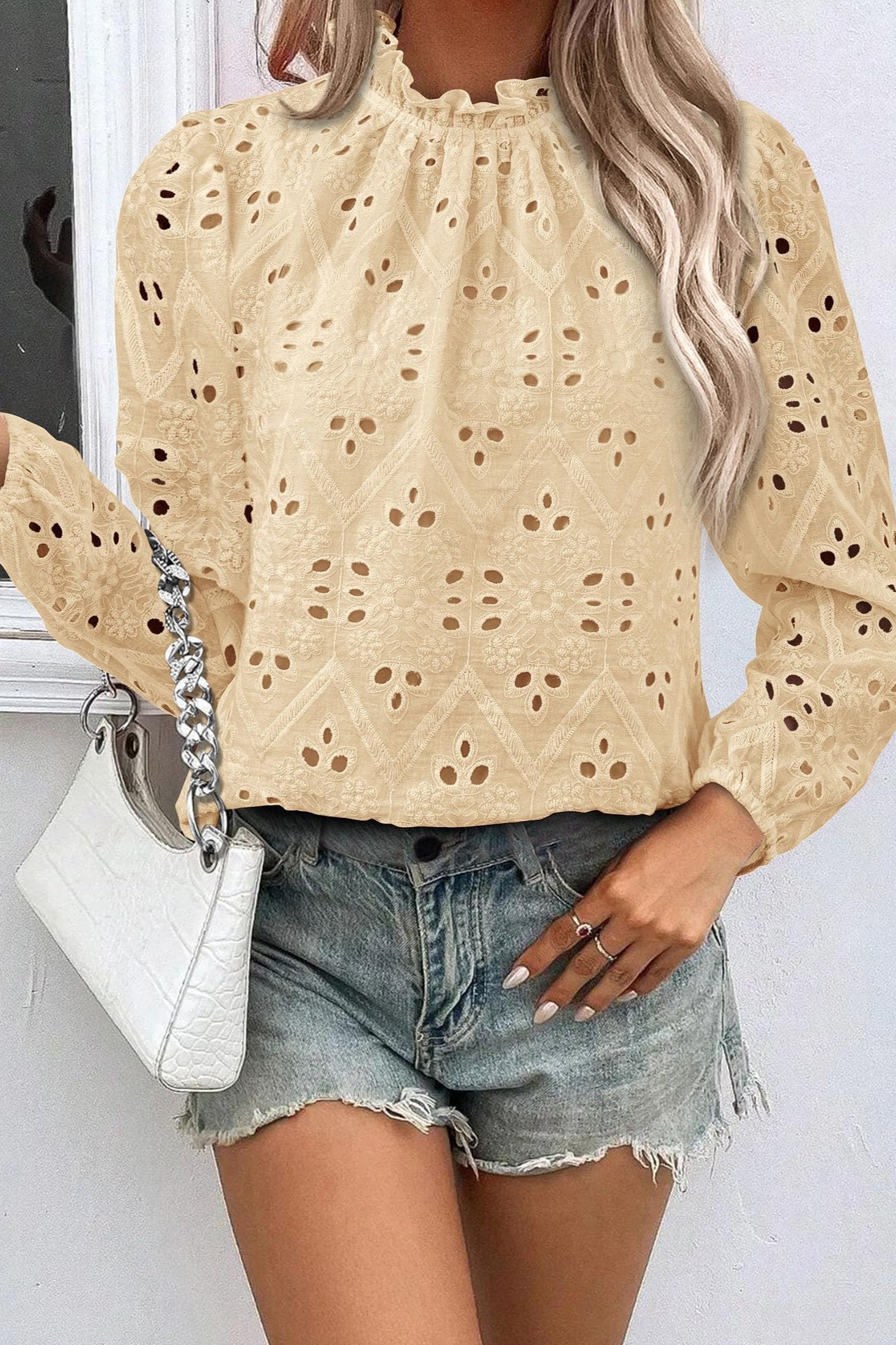 Womens Tops Dressy Casual Spring Long Sleeve Shirts Embroidered Eyelet Blouses Going Out Outfits