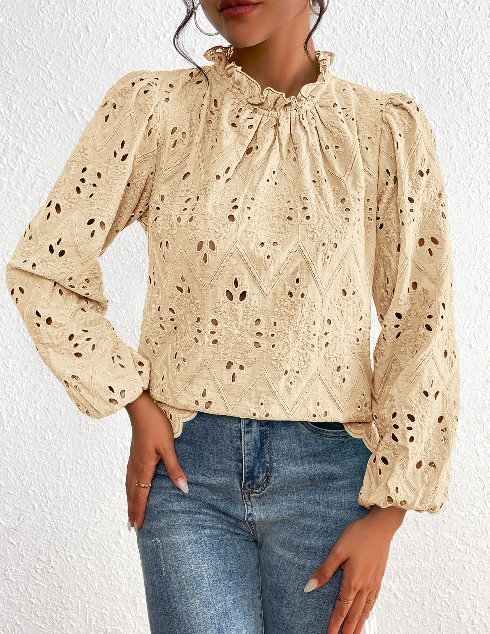 Womens Tops Dressy Casual Spring Long Sleeve Shirts Embroidered Eyelet Blouses Going Out Outfits