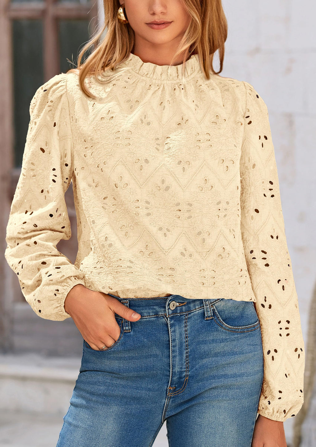 Womens Tops Dressy Casual Spring Long Sleeve Shirts Embroidered Eyelet Blouses Going Out Outfits