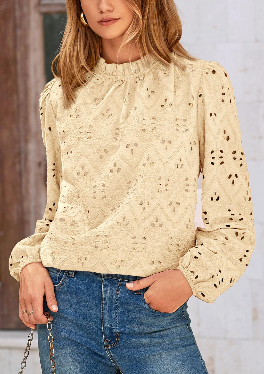 Womens Tops Dressy Casual Spring Long Sleeve Shirts Embroidered Eyelet Blouses Going Out Outfits