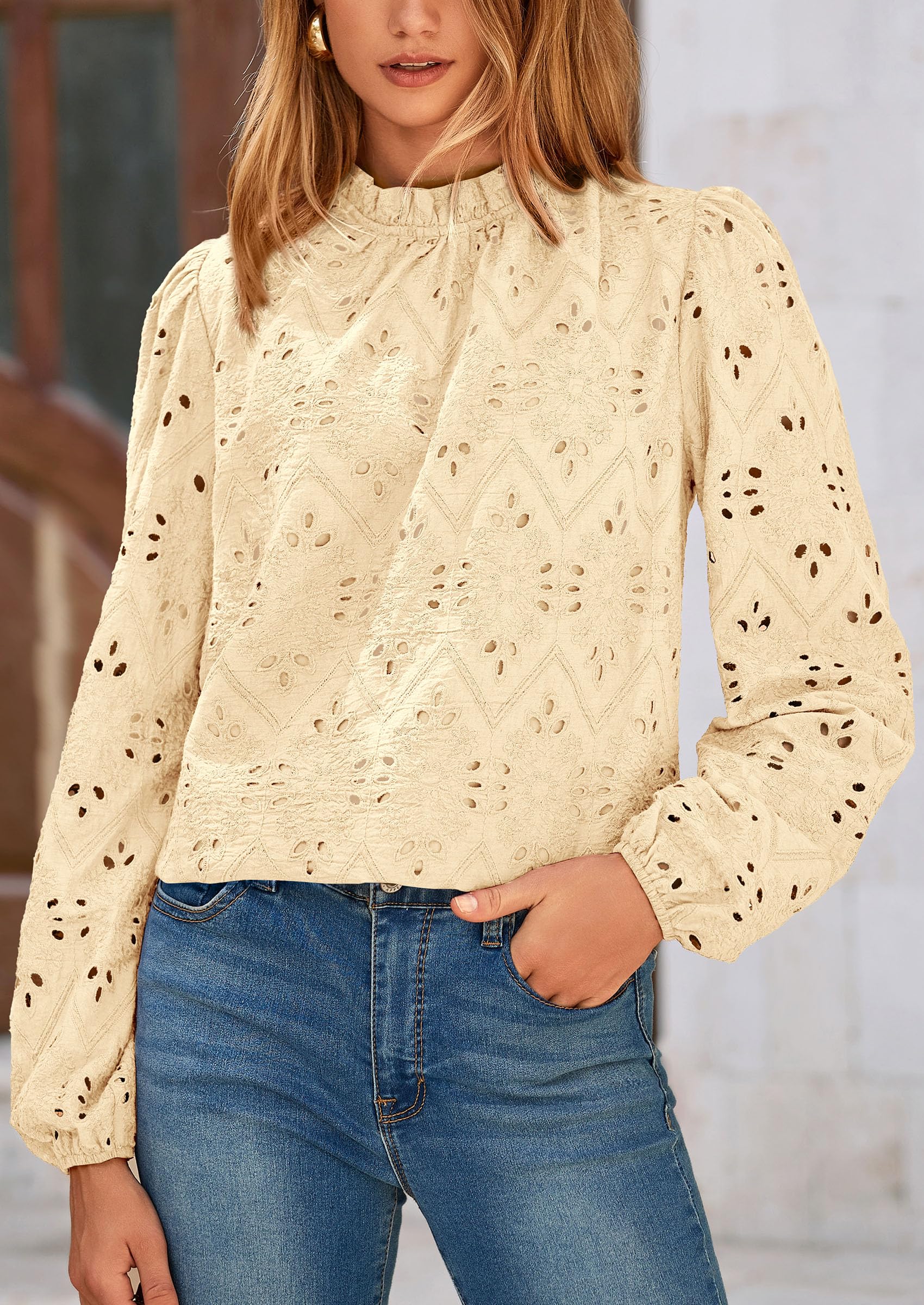 Womens Tops Dressy Casual Spring Long Sleeve Shirts Embroidered Eyelet Blouses Going Out Outfits