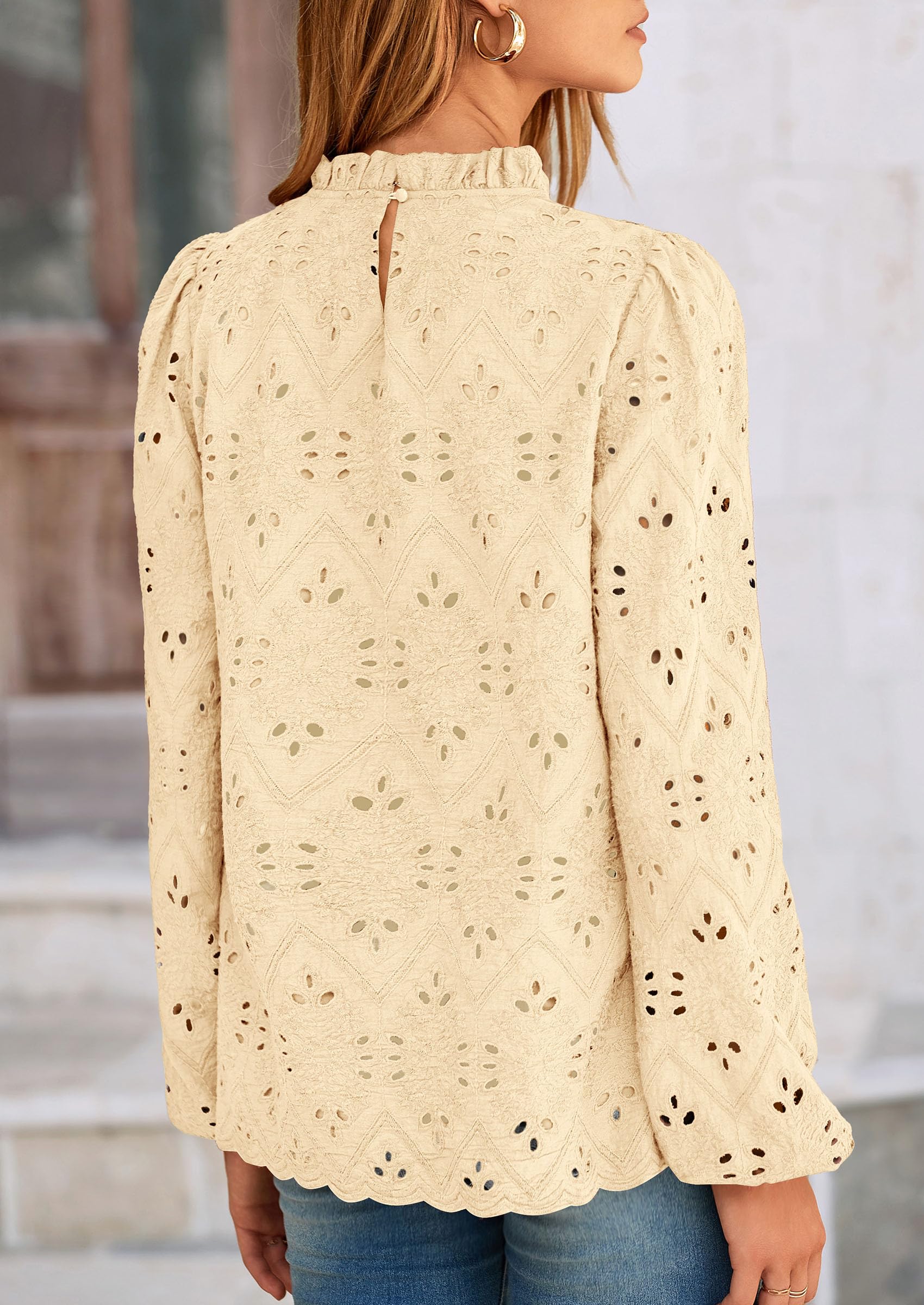 Womens Tops Dressy Casual Spring Long Sleeve Shirts Embroidered Eyelet Blouses Going Out Outfits