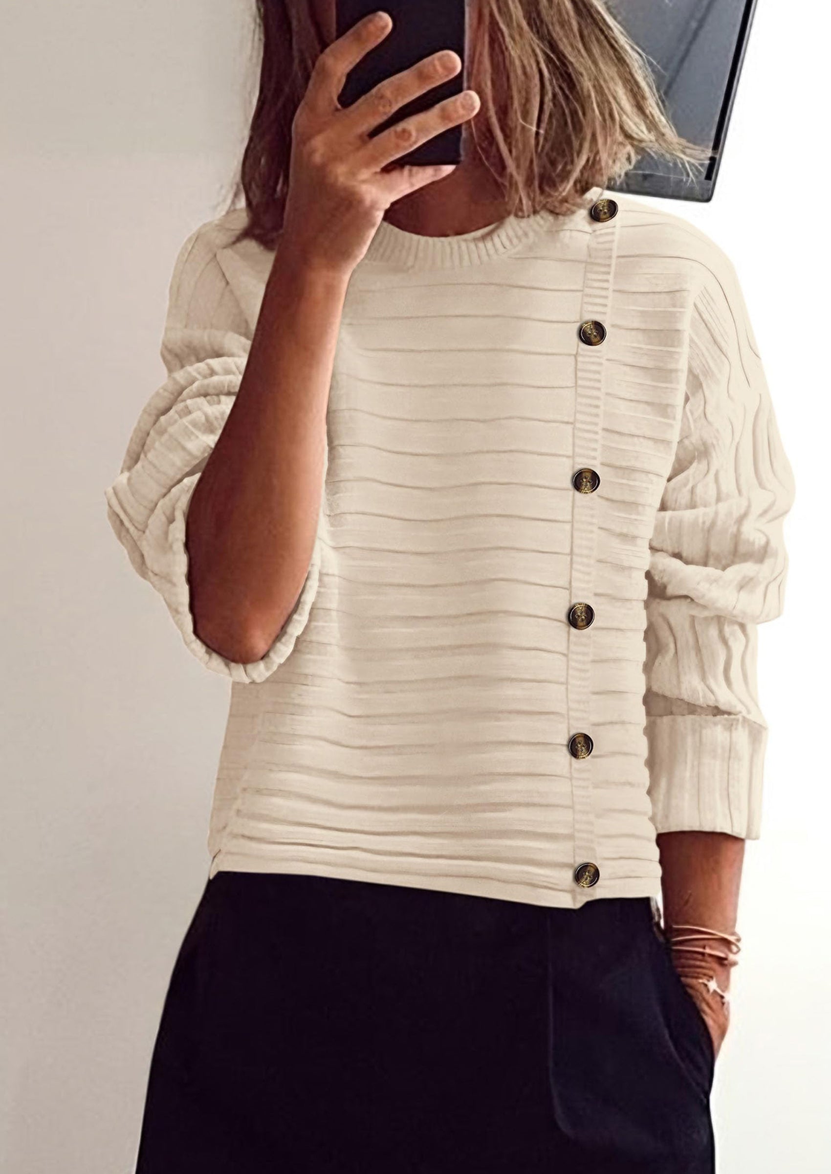 Womens Sweaters Fall Casual Long Sleeve Crewneck Button Loose Winter Knit Pullover Sweater Tops