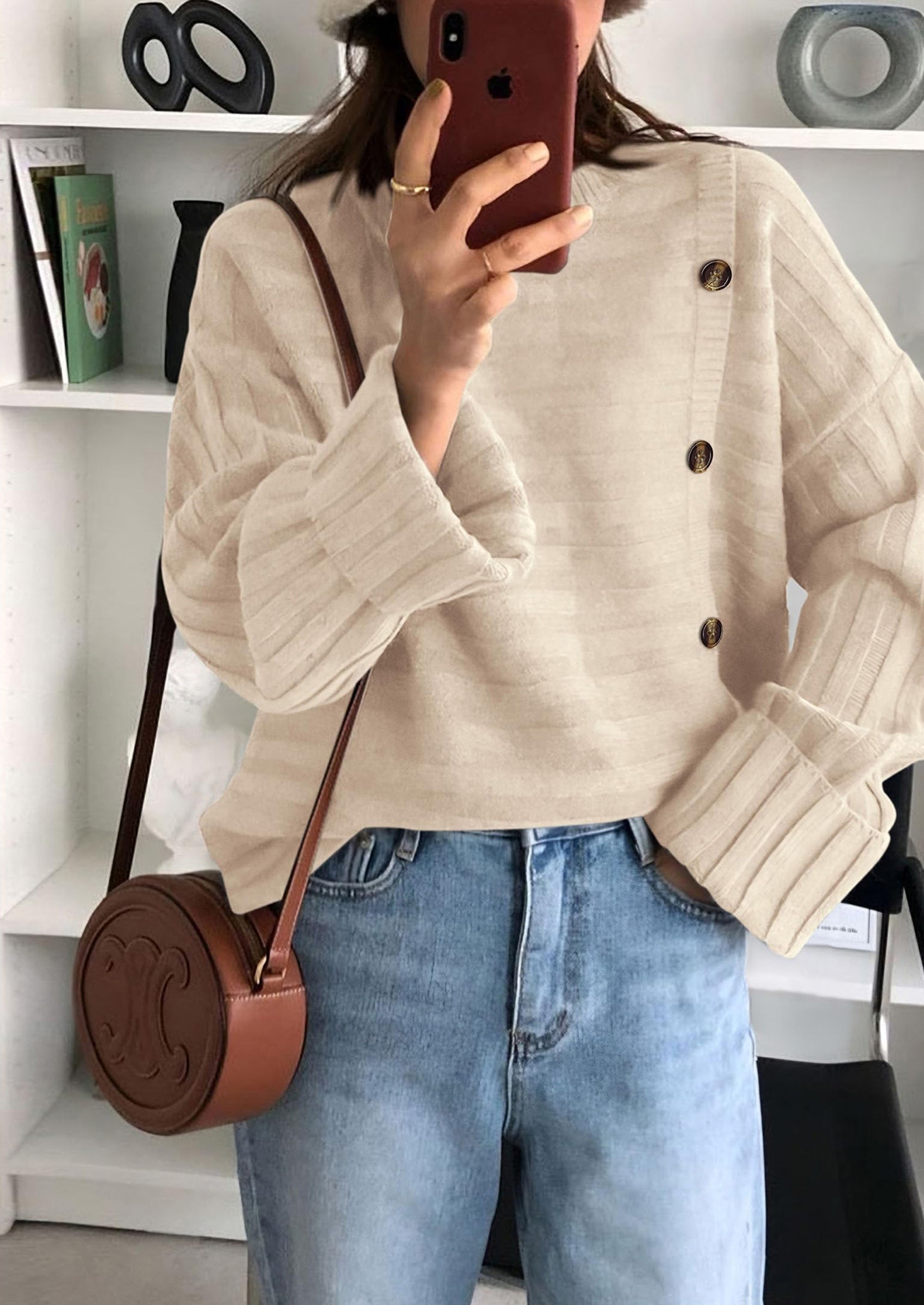 Womens Sweaters Fall Casual Long Sleeve Crewneck Button Loose Winter Knit Pullover Sweater Tops