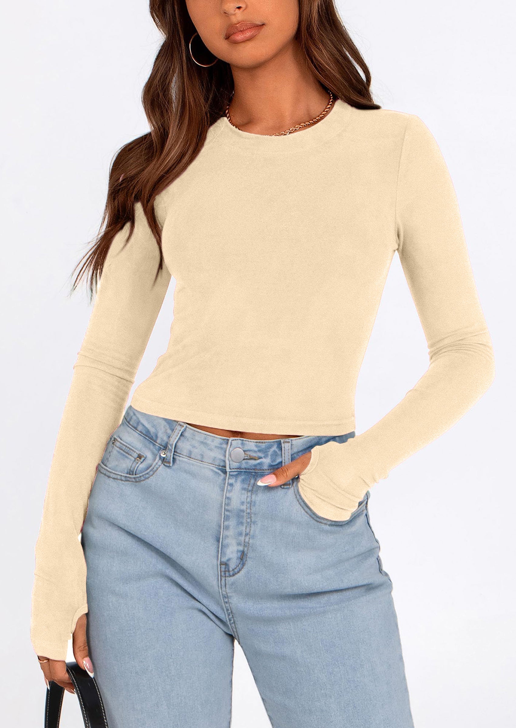 Women's Long Sleeve Crop Tops Y2K Spring Fall Fashion Clothes Basic Slim Fit Tee Shirts Blouse