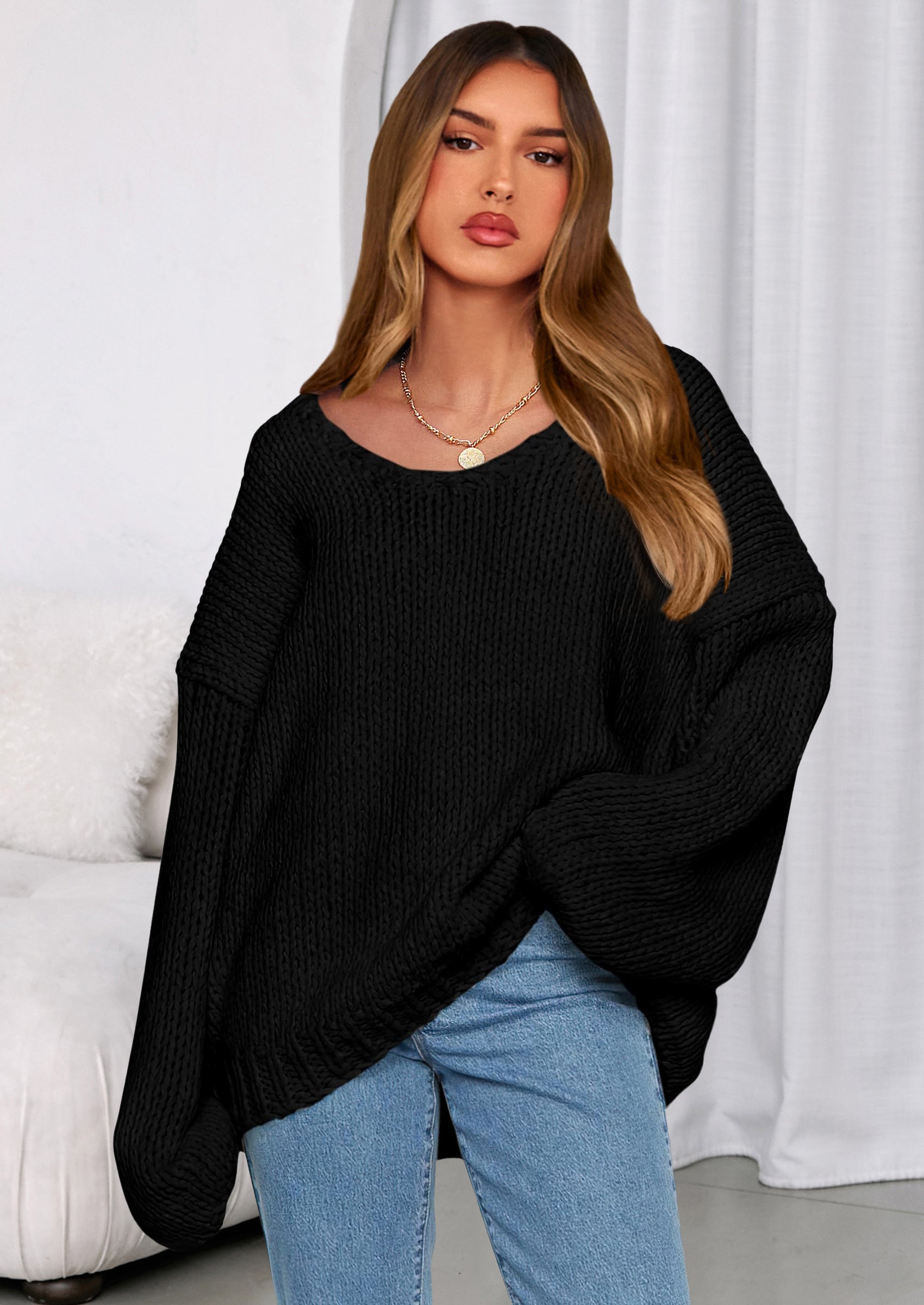 Women's Fall Oversized Sweaters Long Sleeve V Neck Dressy Casual Chunky Knit Loose Pullover Tops Winter Clothing