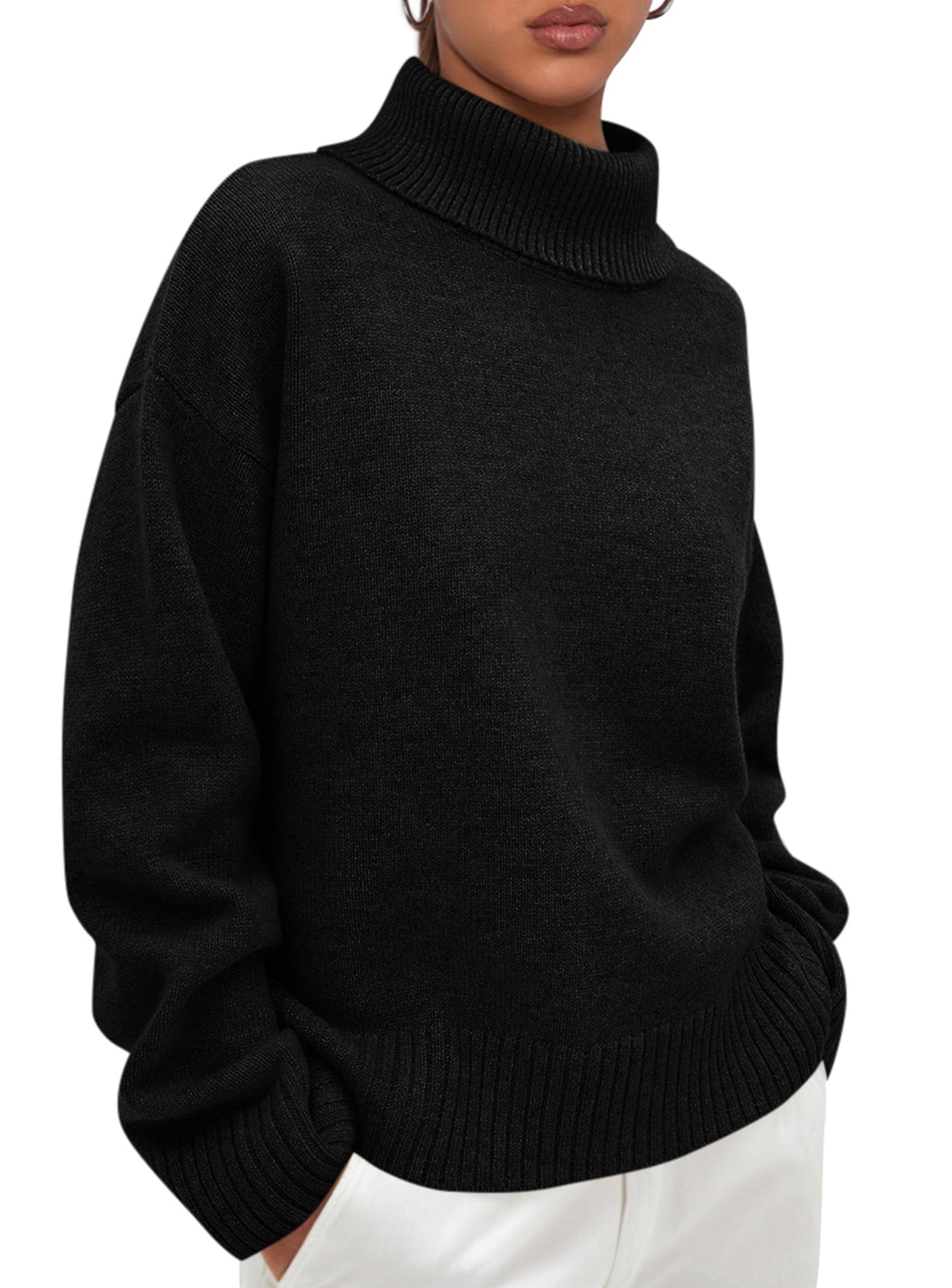 Womens Turtleneck Long Sleeve Sweater Fall Trendy Loose Fit Casual Tops Chunky Knit Pullover Sweaters