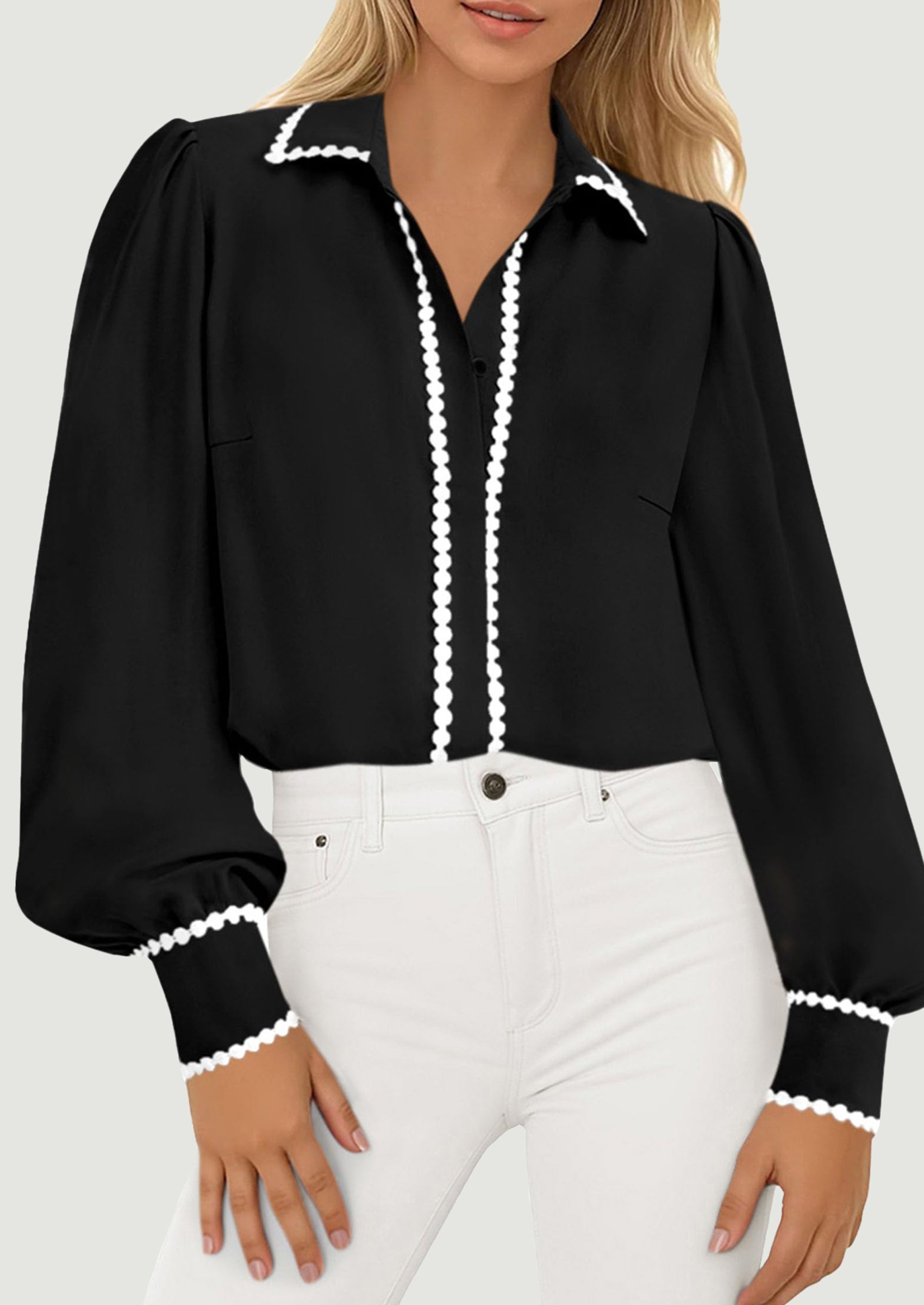 Womens Long Sleeve Button Down Shirts Trendy V Neck Loose Fit Fall Tops Collared Dressy Casual Blouses