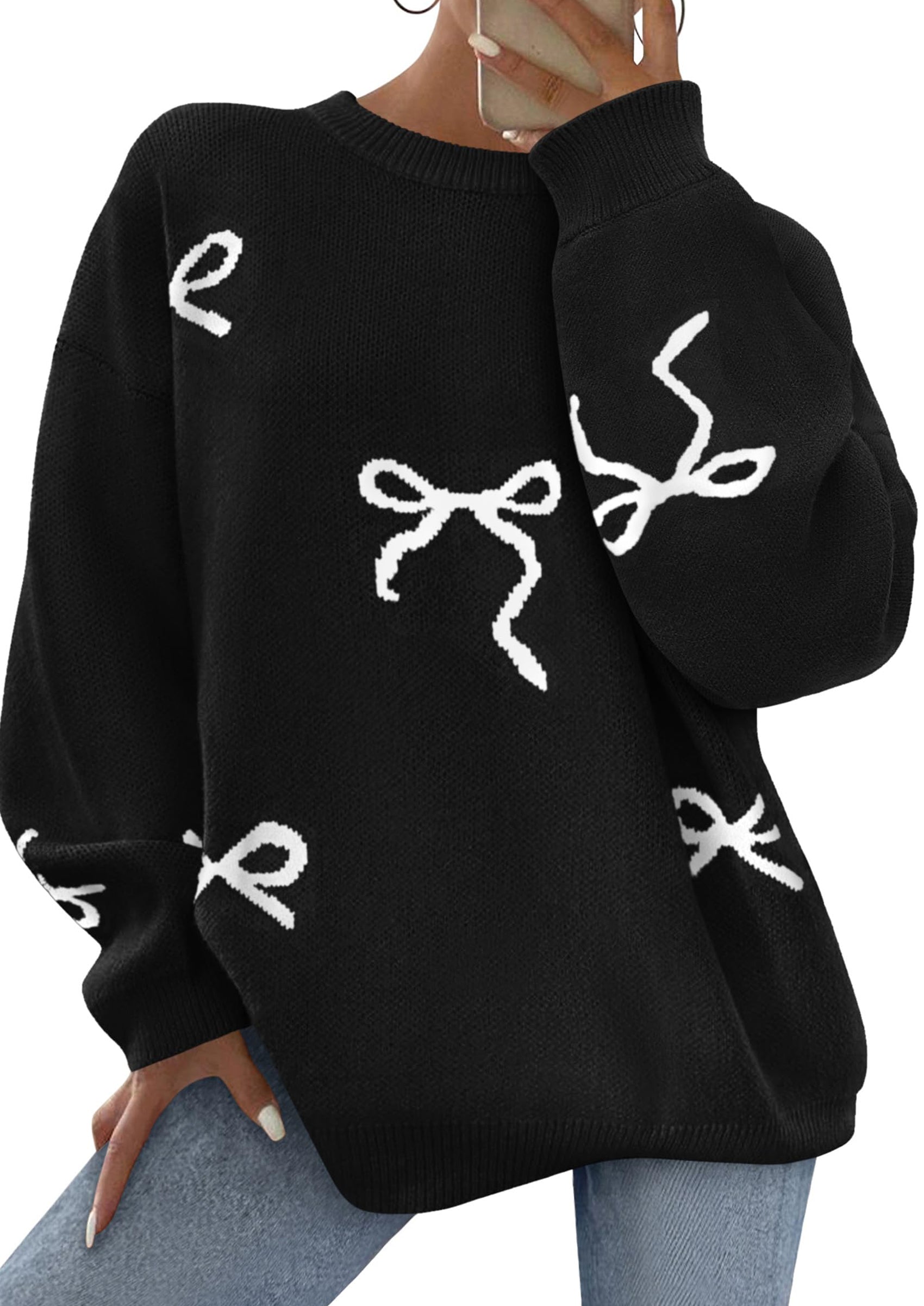 Fall Long Sleeve Pullover Sweaters for Women Trendy Crewneck Casual Cute Bow Chunky Knit Oversized Sweater