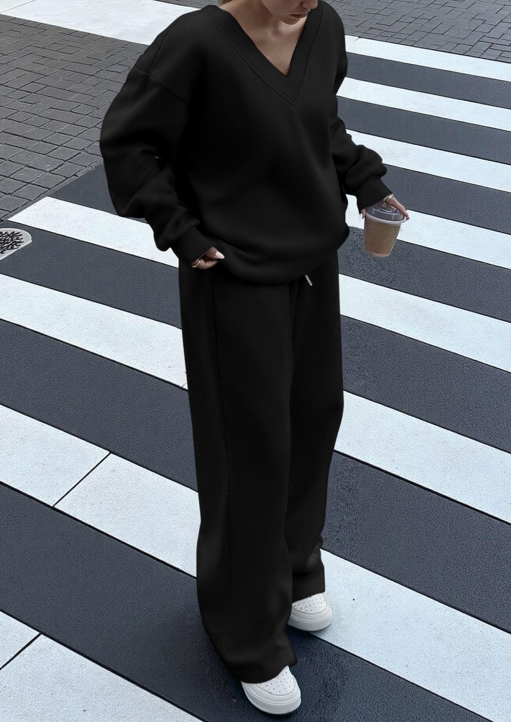 Casual Winter Two Piece Sets for Women V Neck Sweatshirt Loose Wide Leg Pants Tracksuit Knit Fall Outfits