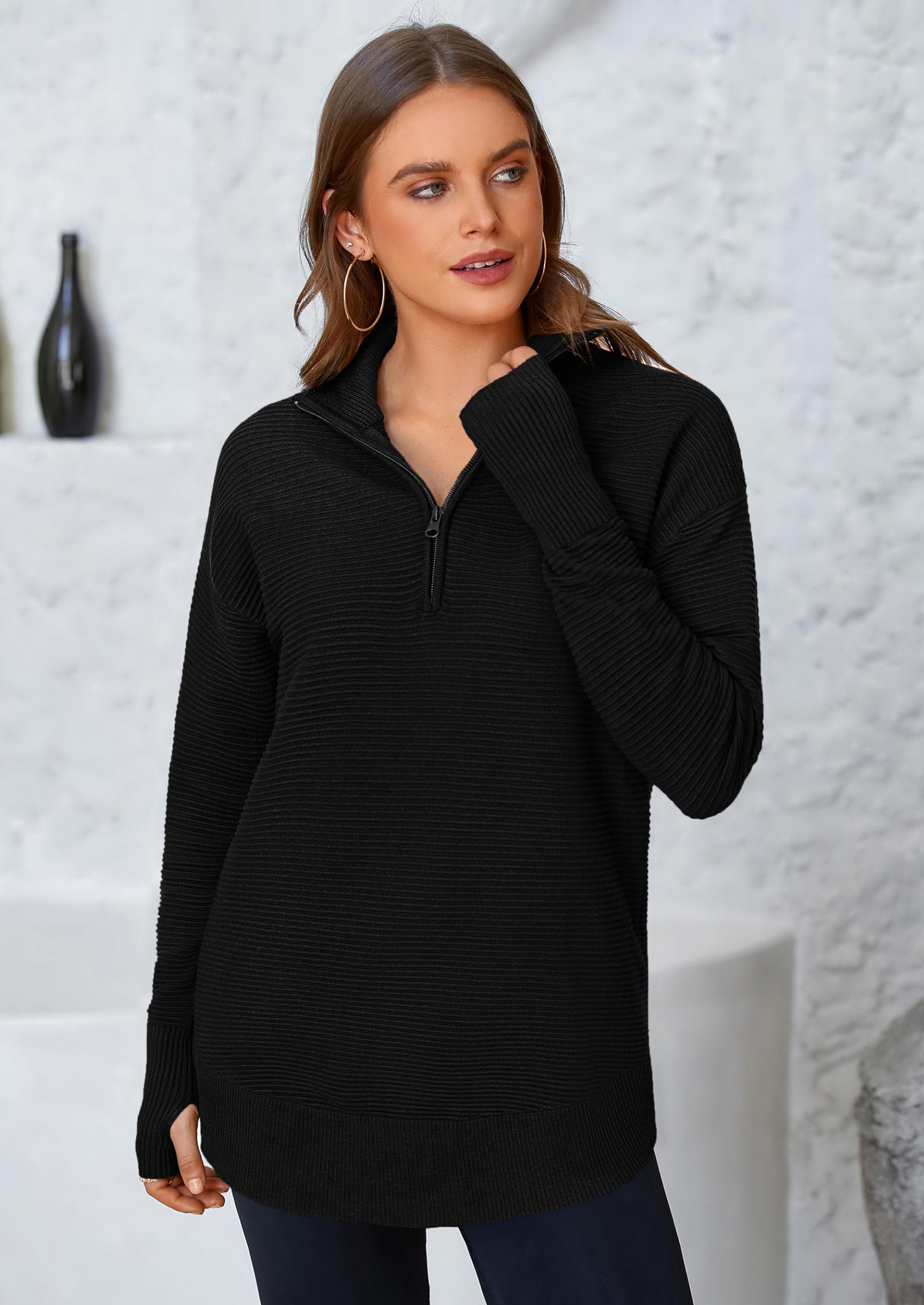 Womens Long Sleeve Quarter Zip Pullover Sweater Casual Loose V Neck Collared Ribbed Knit Jumper Tops Thumb Hole