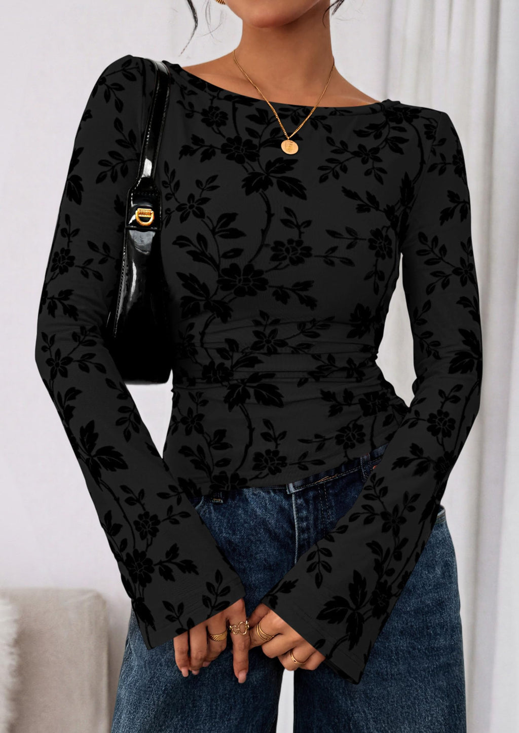 Women Long Sleeve Floral Mesh Tops Blouse  Fall Trendy Boat Neck Ruched Fitted Shirt Going Out Date Outfits