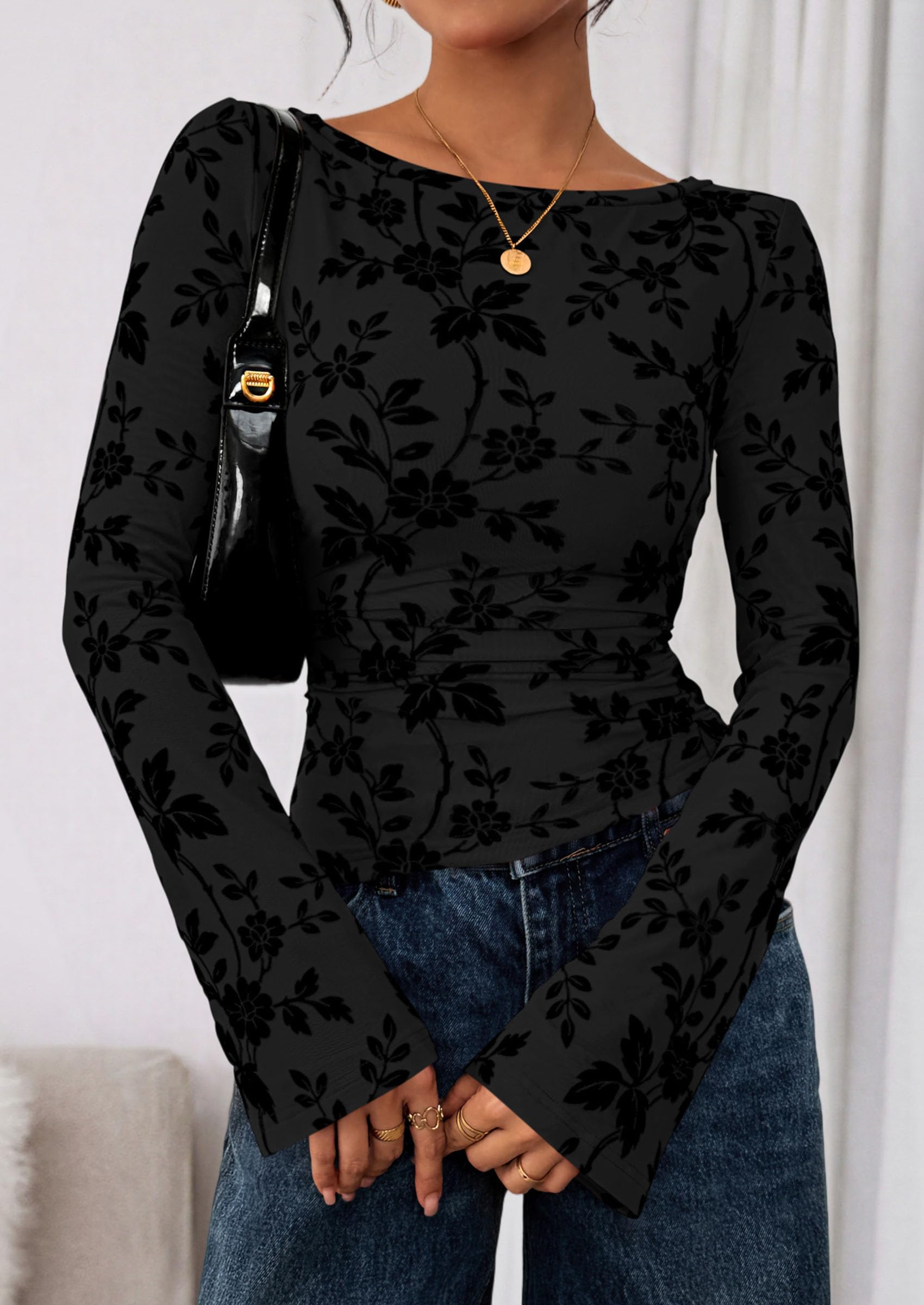 Women Long Sleeve Floral Mesh Tops Blouse  Fall Trendy Boat Neck Ruched Fitted Shirt Going Out Date Outfits