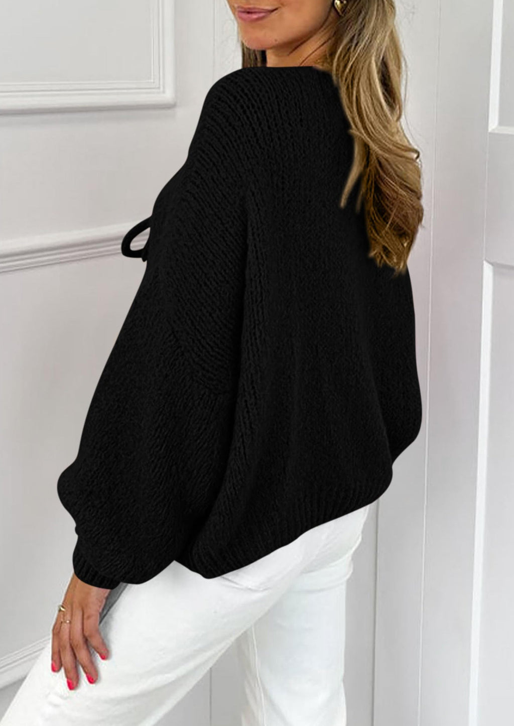 Women's Tie Front Bow Cardigan Sweaters Chunky Knit Long Puff Sleeve Trendy Fall Winter Jacket Coats