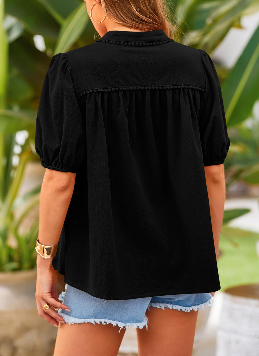 Women's Summer Tops Button Down Shirts Short Lantern Sleeve V Neck Cotton Cute Dressy Casual Blouses