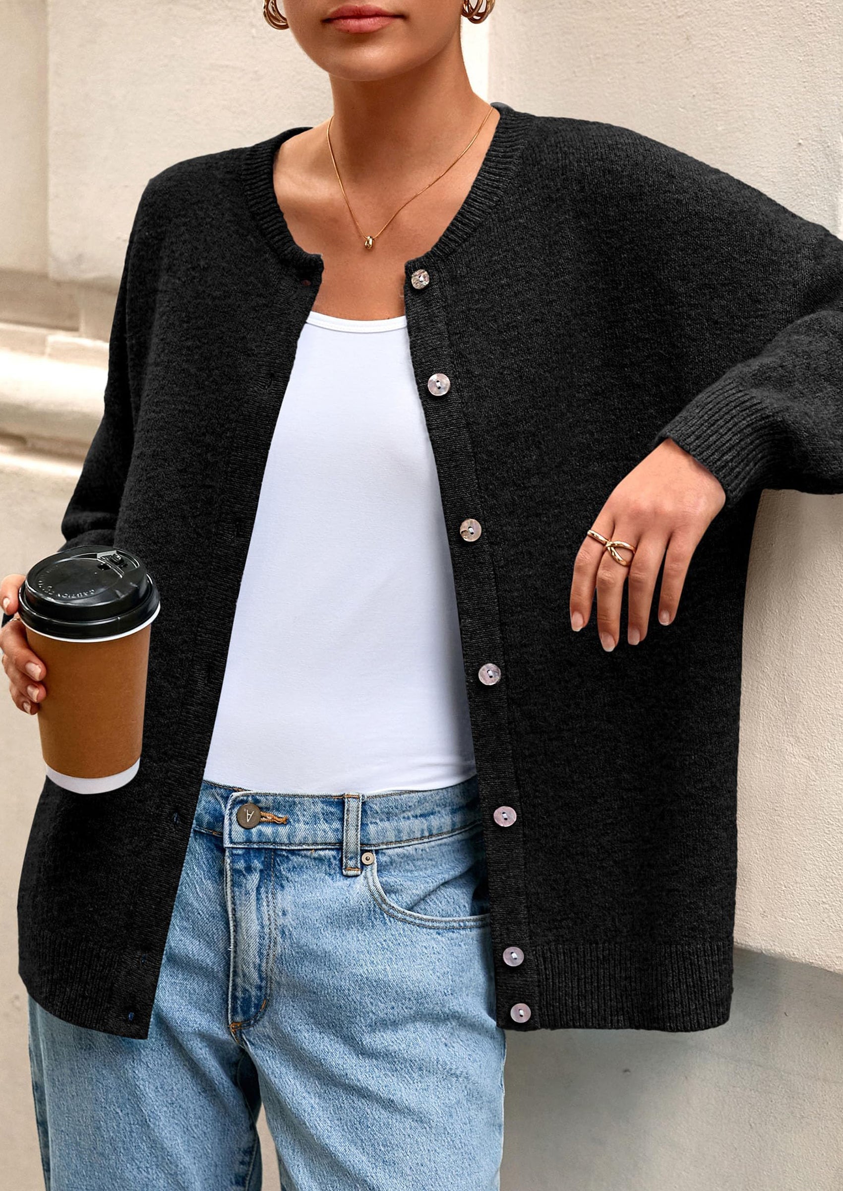 Fall Long Sleeve Cardigans for Women Trendy Open Front Winter Button Down Crewneck Soft Knit Sweater Jacket