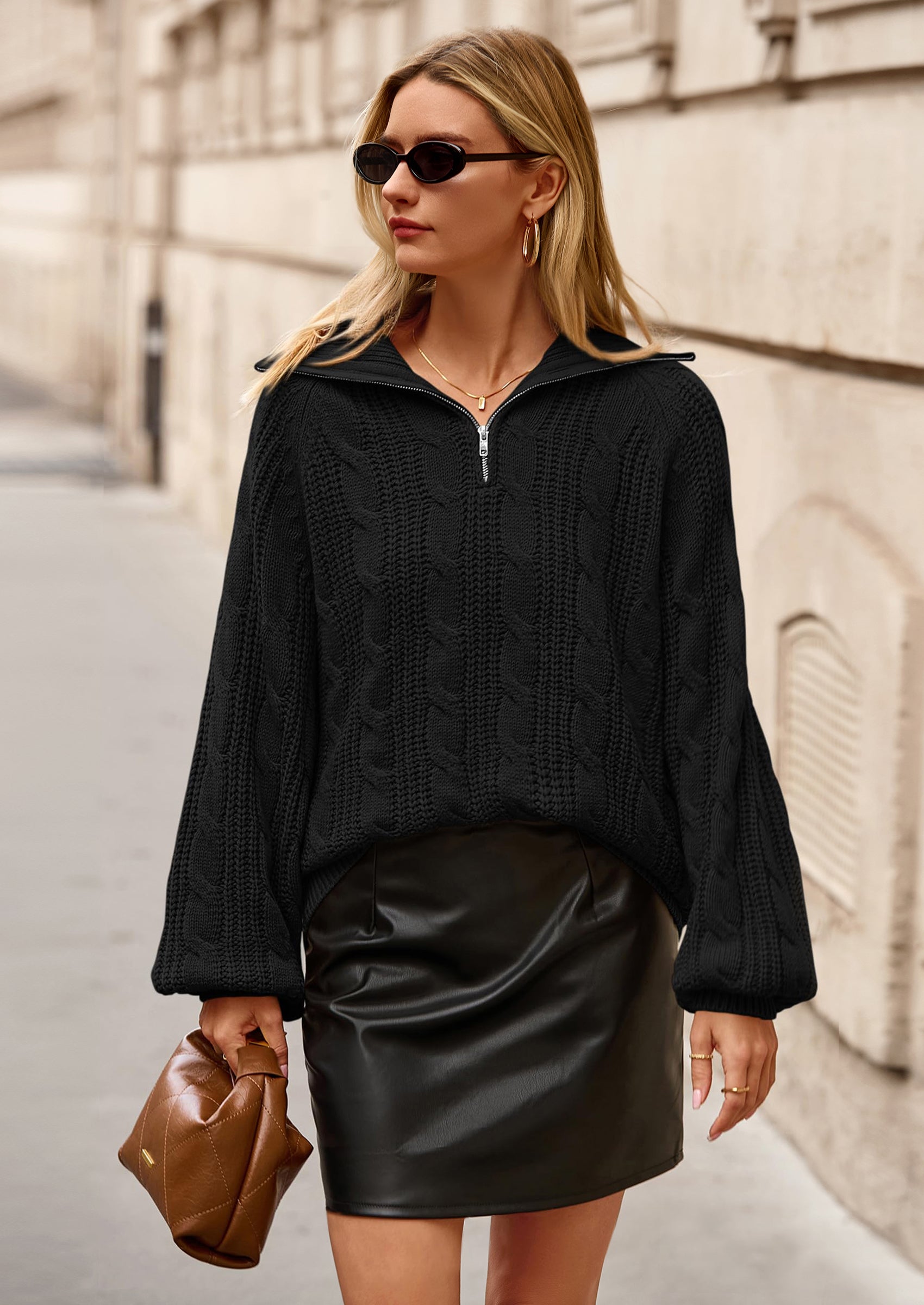 Sweaters for Women Fall Fashion Loose Quarter Zip Pullover Collared Long Sleeve Cable Knit Winter Clothes