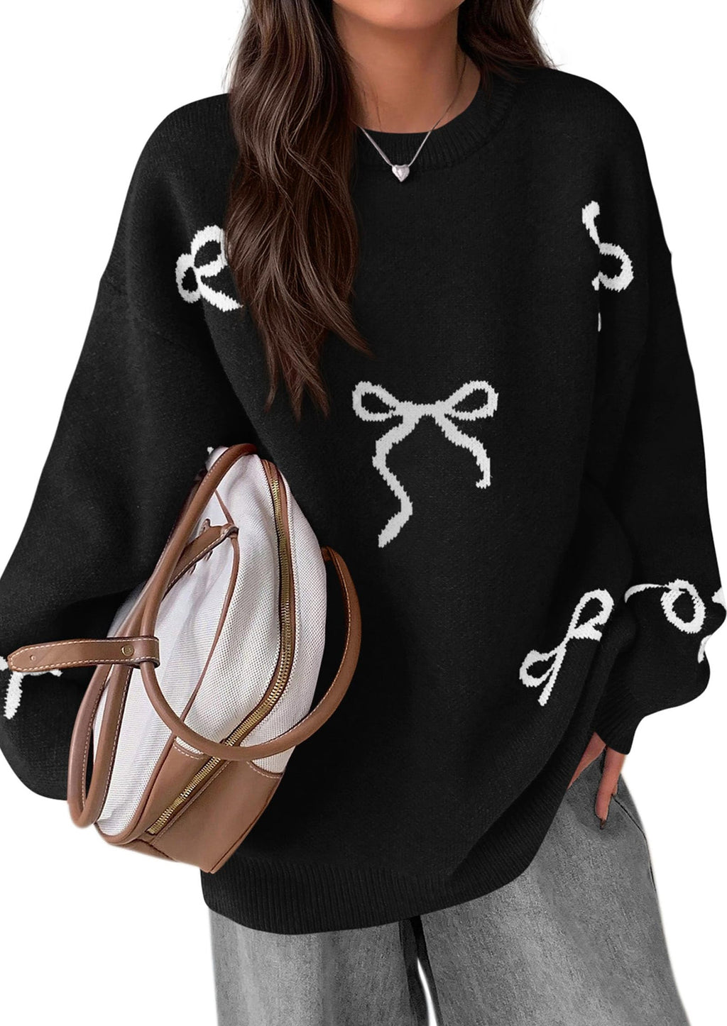Fall Long Sleeve Pullover Sweaters for Women Trendy Crewneck Casual Cute Bow Chunky Knit Oversized Sweater