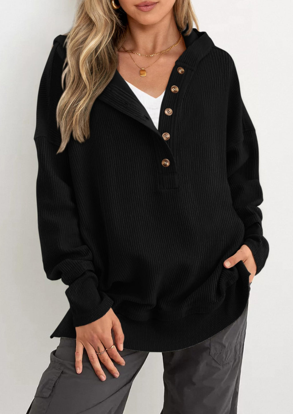 Womens Fashion Oversized Long Sleeve Hoodie Button Down V Neck Sweatshirt Side Slit Casual Pullover Tops