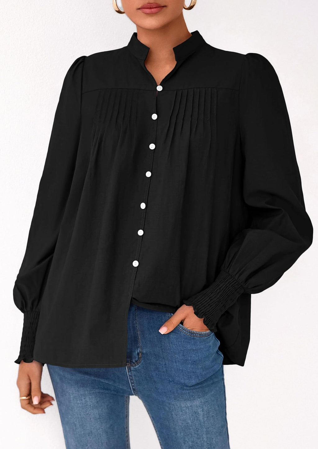 Womens Fall Lantern Long Sleeve Shirts Trendy Button V Neck Pleated Henley Tops Loose Work Blouses