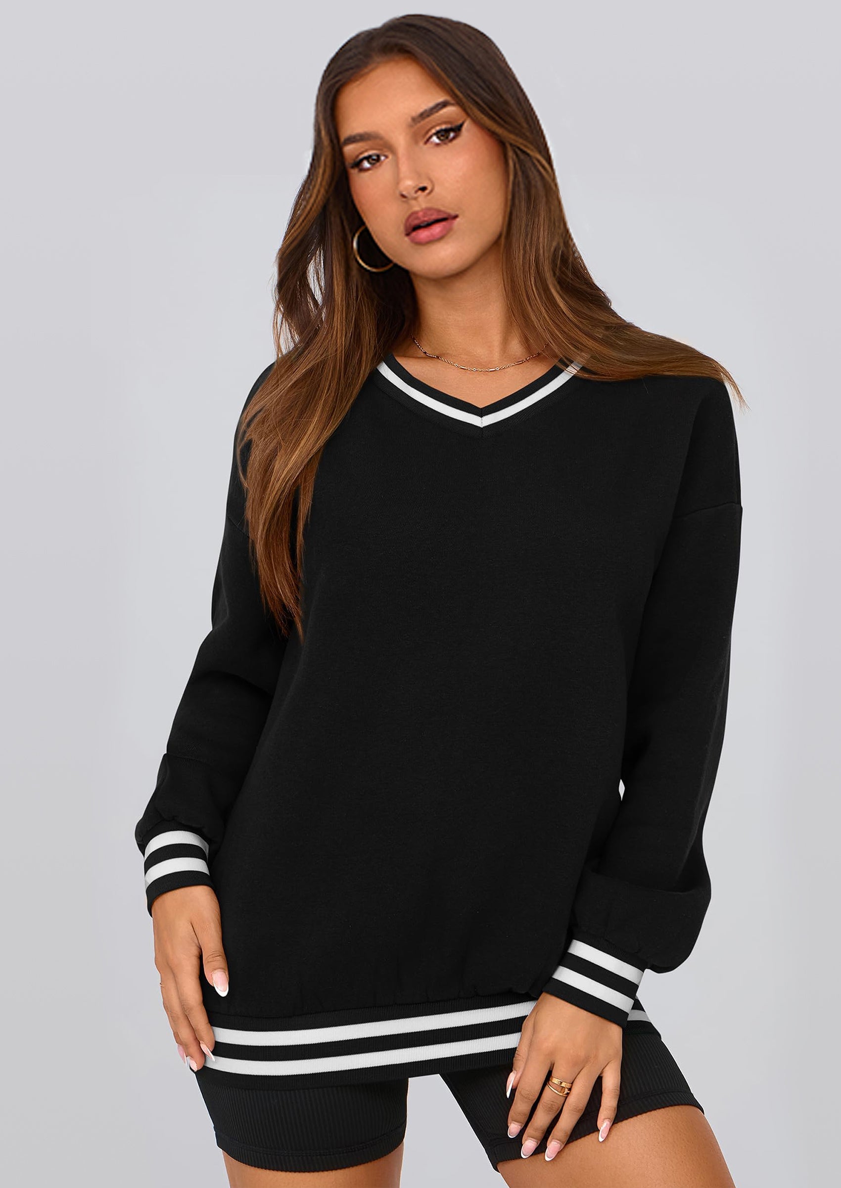 Women's Oversized Sweatshirts Casual Long Sleeve Stripes Knit V Neck Pullover Top Fall Teens Preppy Clothes