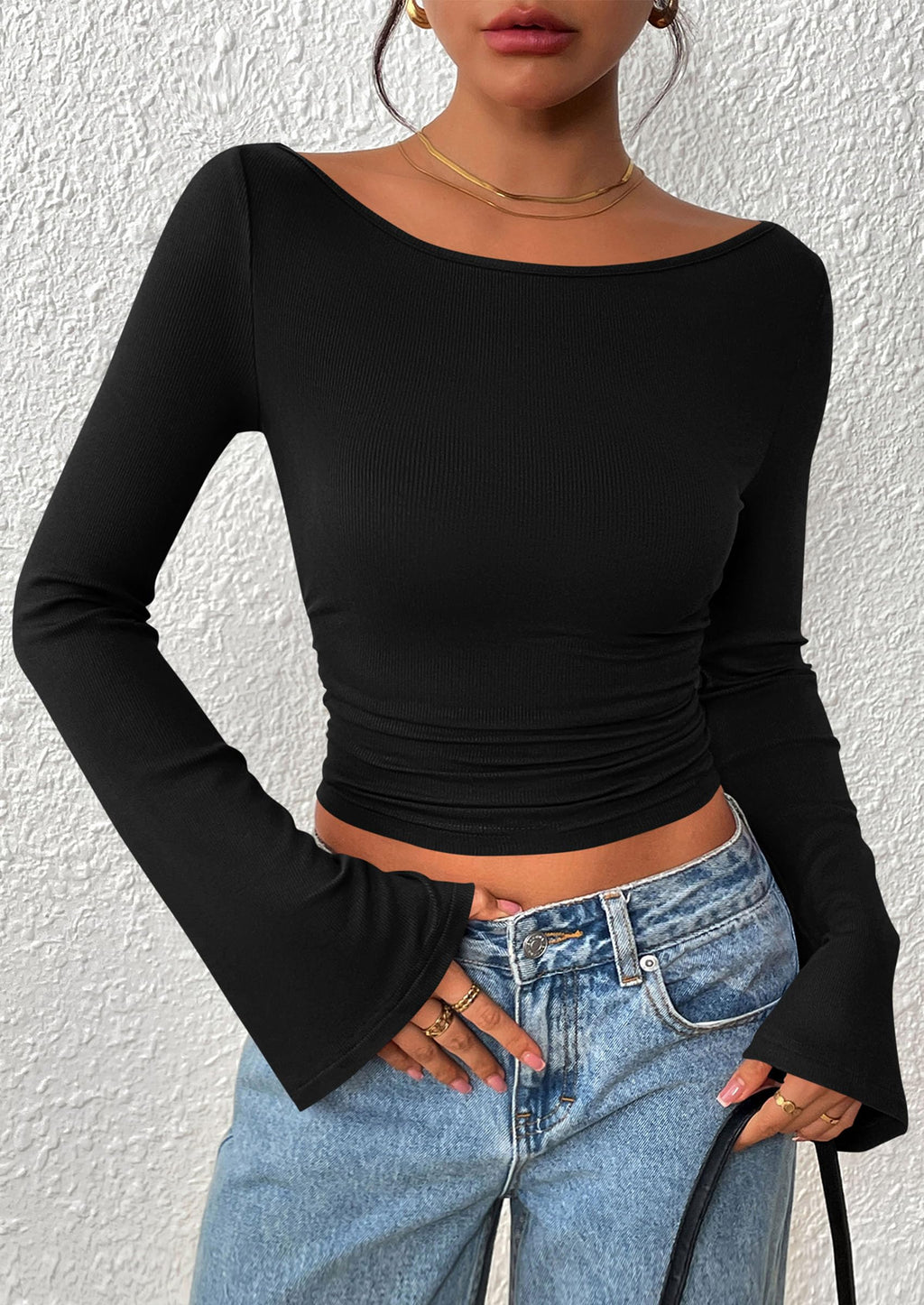 Women's Long Sleeve Shirts Fall Going Out Tops Casual Boat Neck Bell Sleeve Ribbed Ruched Y2K Clothes