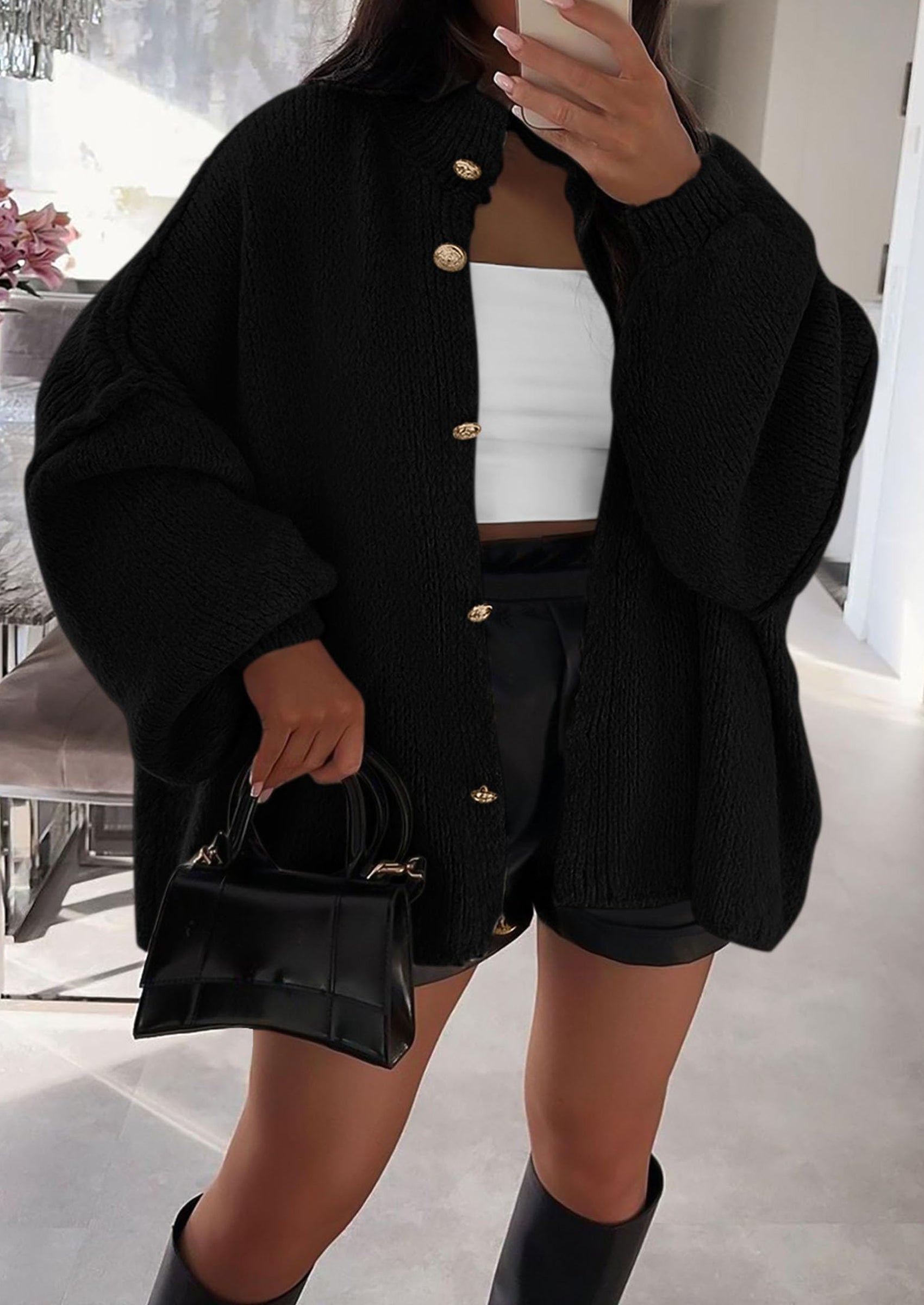 Women's Winter Button Down Cardigan Sweaters Mock Neck Lantern Long Sleeve Chunky Knit Jacket Trendy Outerwear