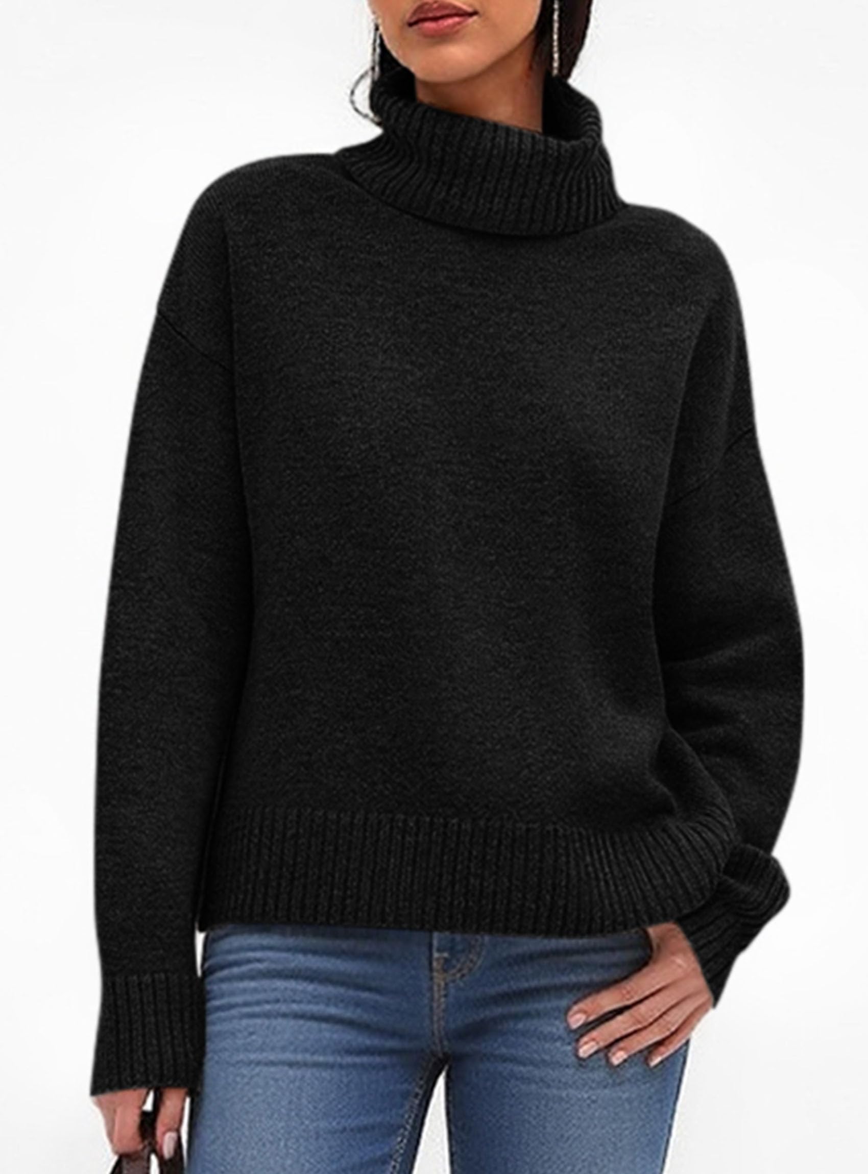 Womens Turtleneck Long Sleeve Sweater Fall Trendy Loose Fit Casual Tops Chunky Knit Pullover Sweaters