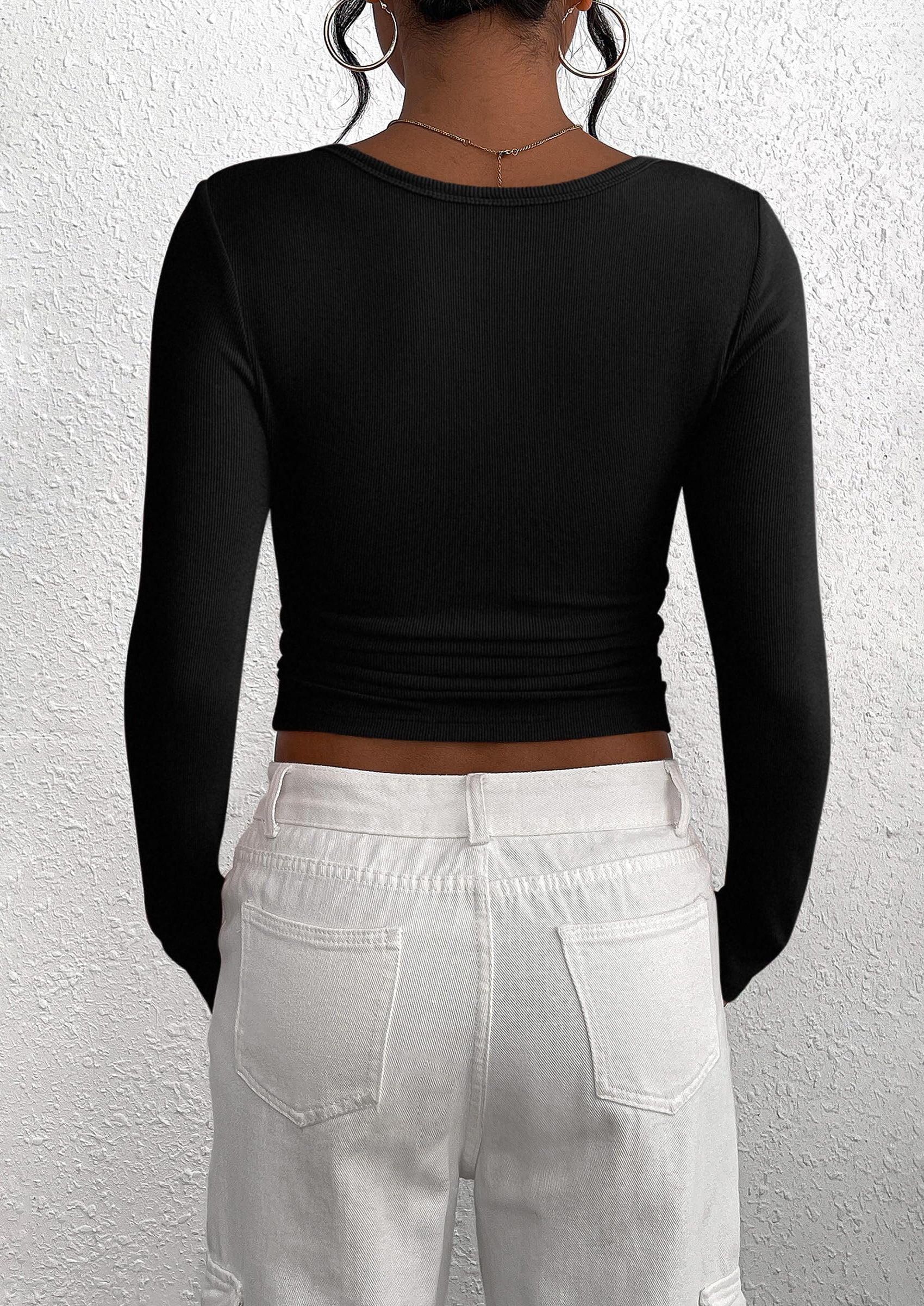 Women's Spring Fall Long Sleeve Henley T Shirts Button Ribbed Knit Slim Fit Casual Basic Tops Blouse