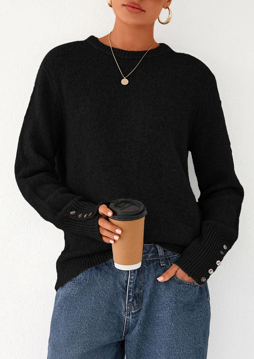 Womens Sweaters Fall Fashion Casual Crewneck Pullover Button Long Sleeve Cute Knit Tops Winter Clothes