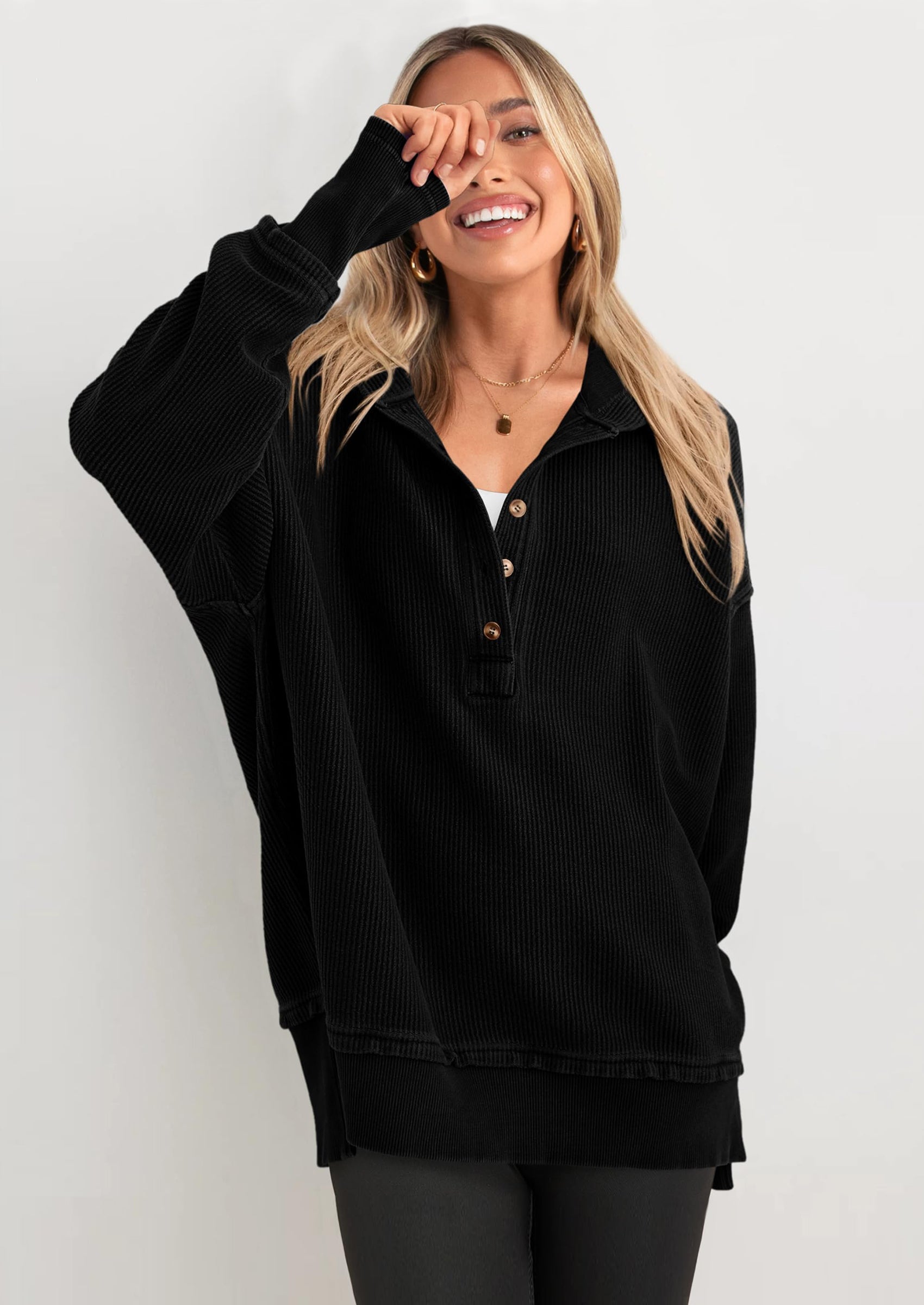 Womens Fashion Oversized Long Sleeve Hoodie Button Down V Neck Sweatshirt Side Slit Casual Pullover Tops