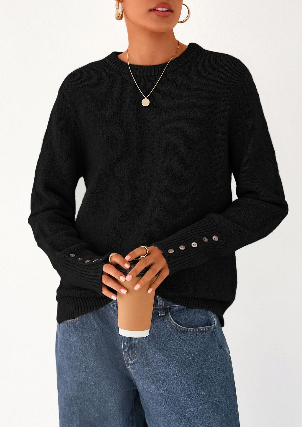 Womens Sweaters Fall Fashion Casual Crewneck Pullover Button Long Sleeve Cute Knit Tops Winter Clothes