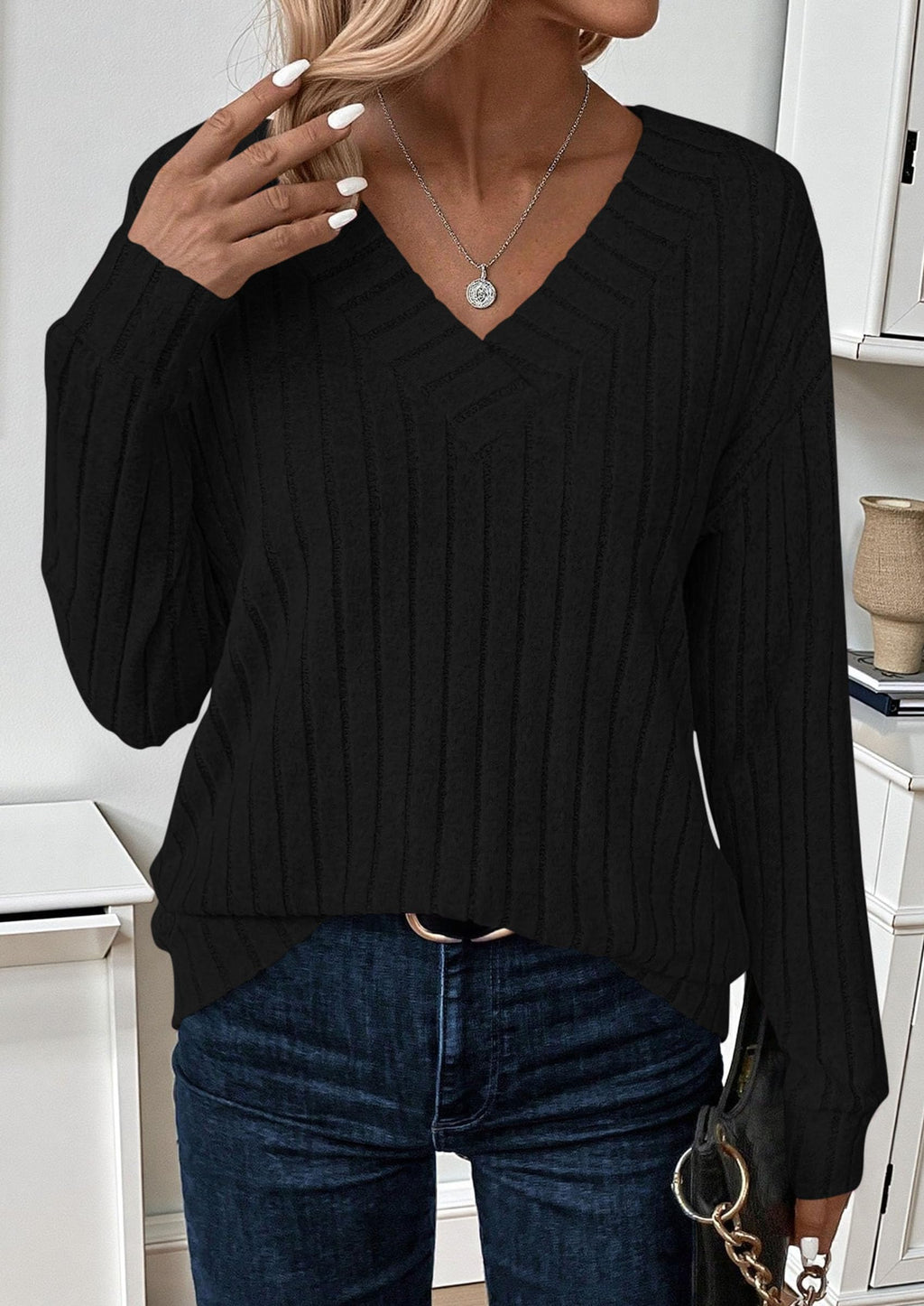 Fall Fashion Long Sleeve Shirts for Women Ribbed Knit V Neck Dressy Casual Lightweight Sweaters Tunic Tops
